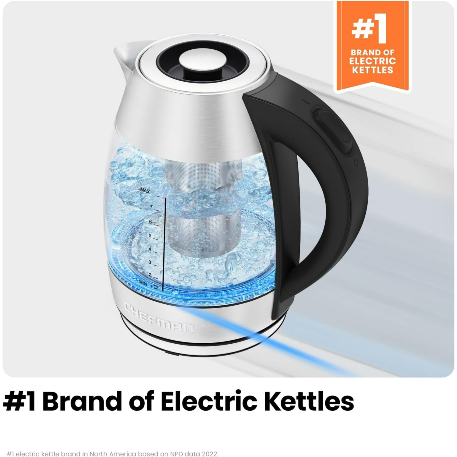 Chefman 1.8L Glass Electric Kettle, Fast Boiling W/ LED Light, Auto Shutoff, Removable Tea Infuser - Stainless Steel