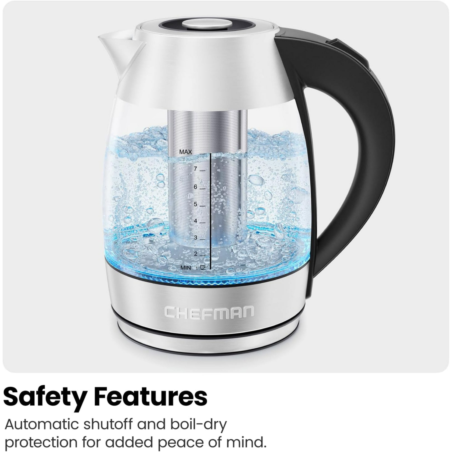Chefman 1.8L Glass Electric Kettle, Fast Boiling W/ LED Light, Auto Shutoff, Removable Tea Infuser - Stainless Steel