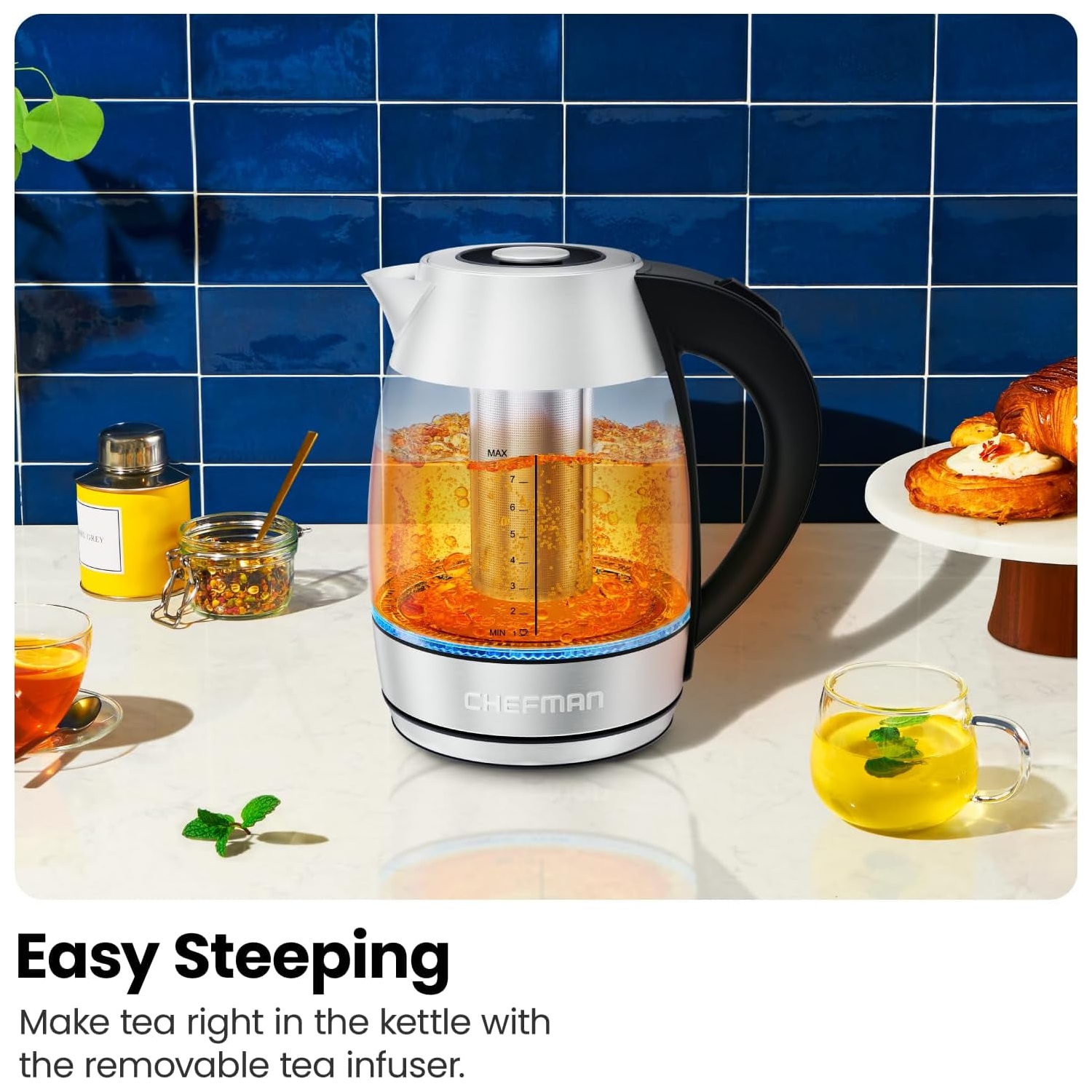 Chefman 1.8L Glass Electric Kettle, Fast Boiling W/ LED Light, Auto Shutoff, Removable Tea Infuser - Stainless Steel