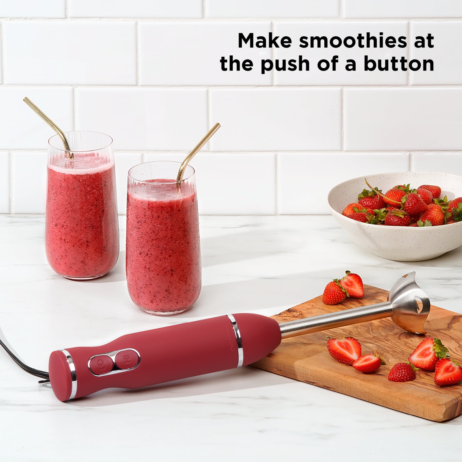 Chefman Multi-Speed Immersion Hand Blender with Stainless Steel Blades, 300W, Multi Purpose, Red