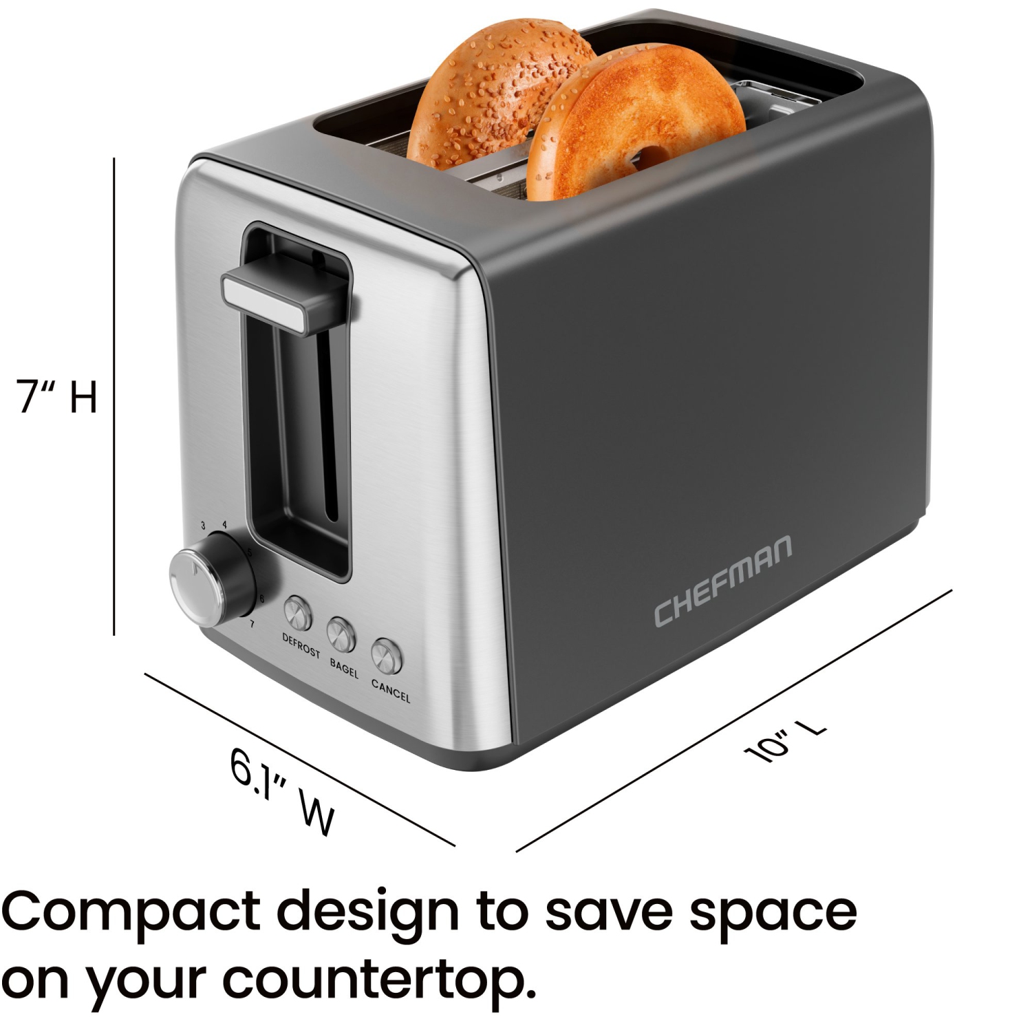 Chefman 2 Slice Toaster with 7 Shade Settings, Removable Crumb Tray, Bagel & Defrost Modes - Black