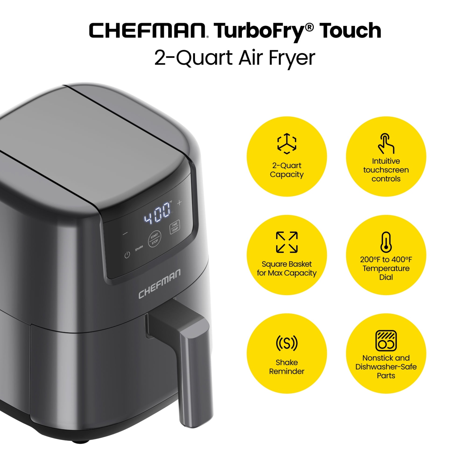 Friteuse à air chaud compacte 2&nbsp;Qt de Chefman avec écran numérique et rappel de tremblement - Gris