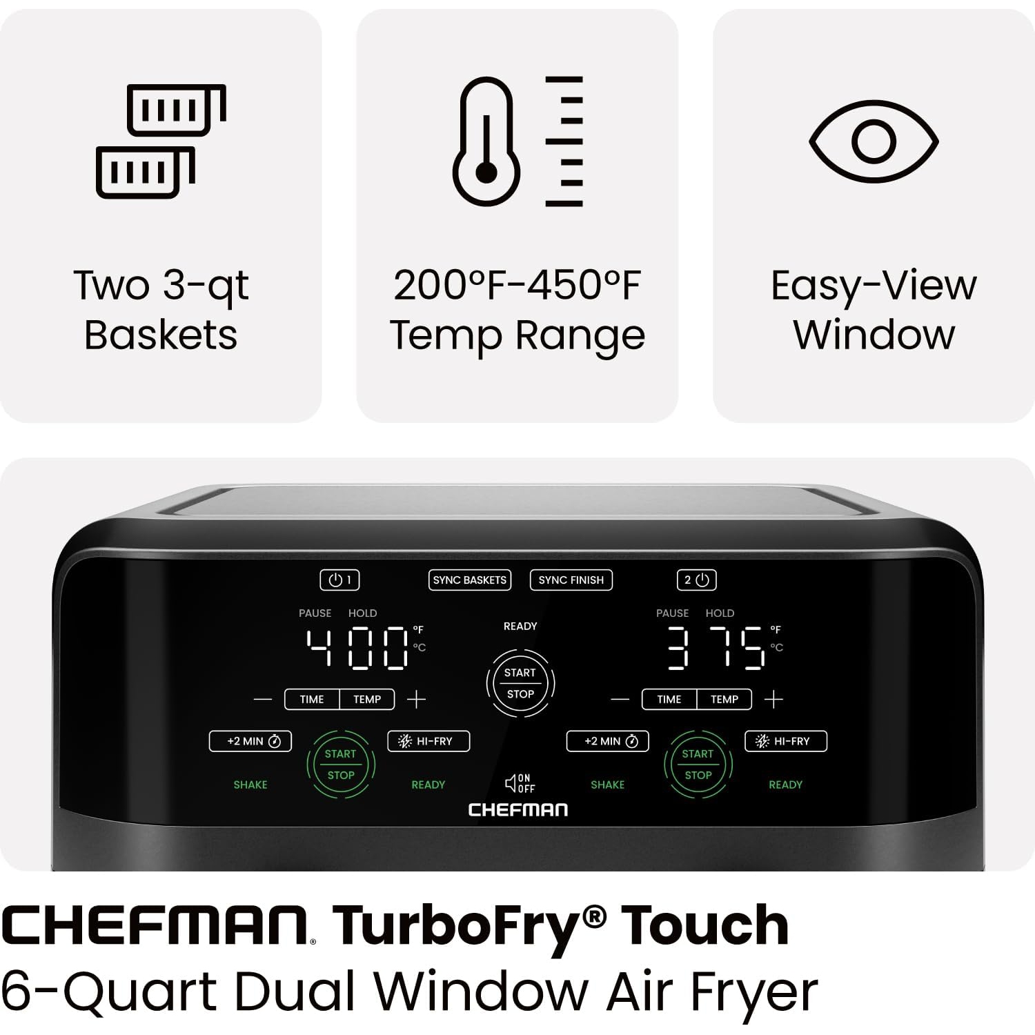 Chefman Dual Basket Digital Air Fryer Oven w/ Easy View Windows, 2 Independent 3 Qt Baskets - Black