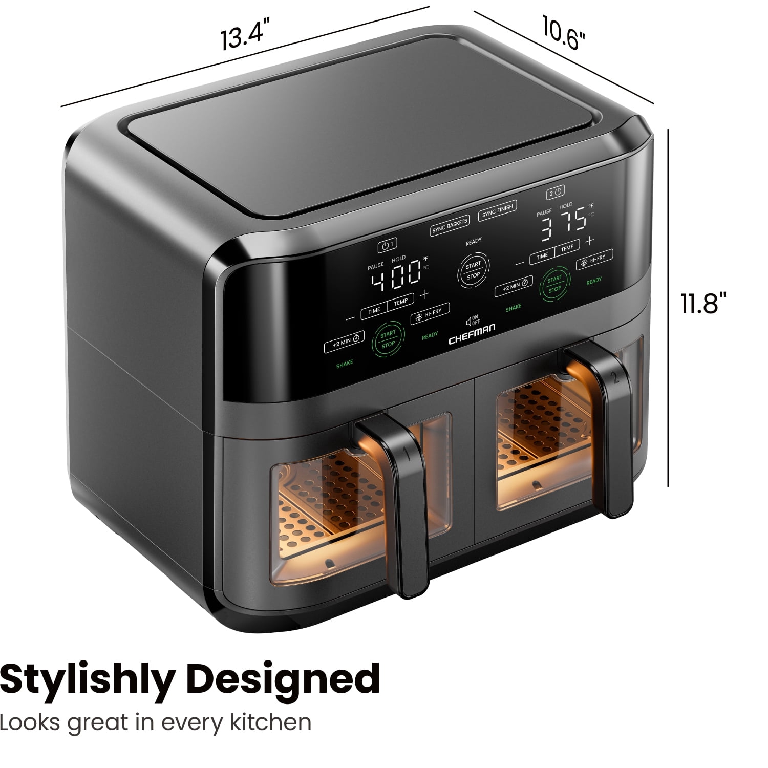 Chefman Dual Basket Digital Air Fryer Oven w/ Easy View Windows, 2 Independent 3 Qt Baskets - Black