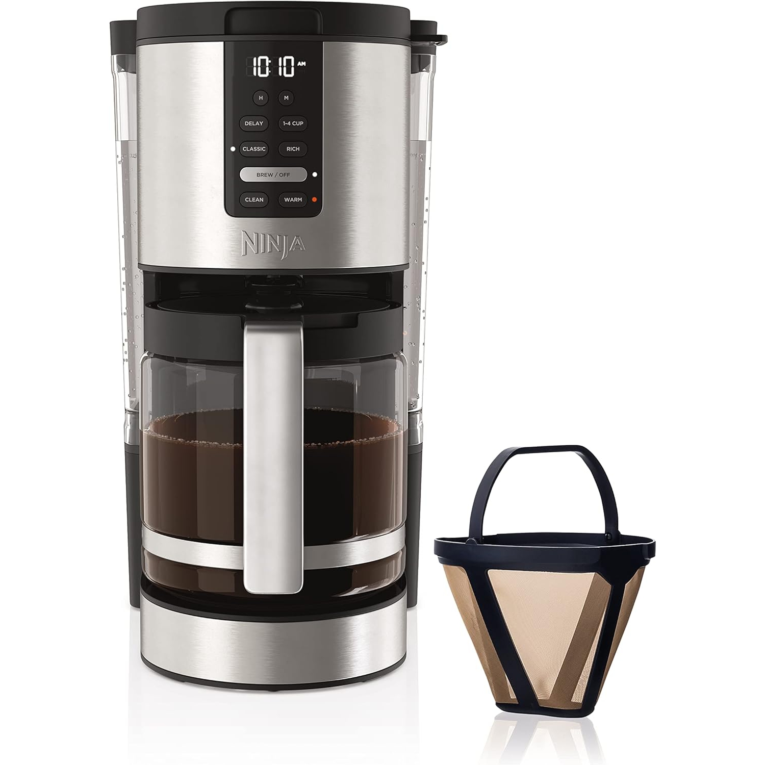 Programmable XL 14-Cup Coffee Maker Model DCM200C, Featuring a 14-Cup Glass Carafe and Permanent Filter, in Stainless Steel and Silver.