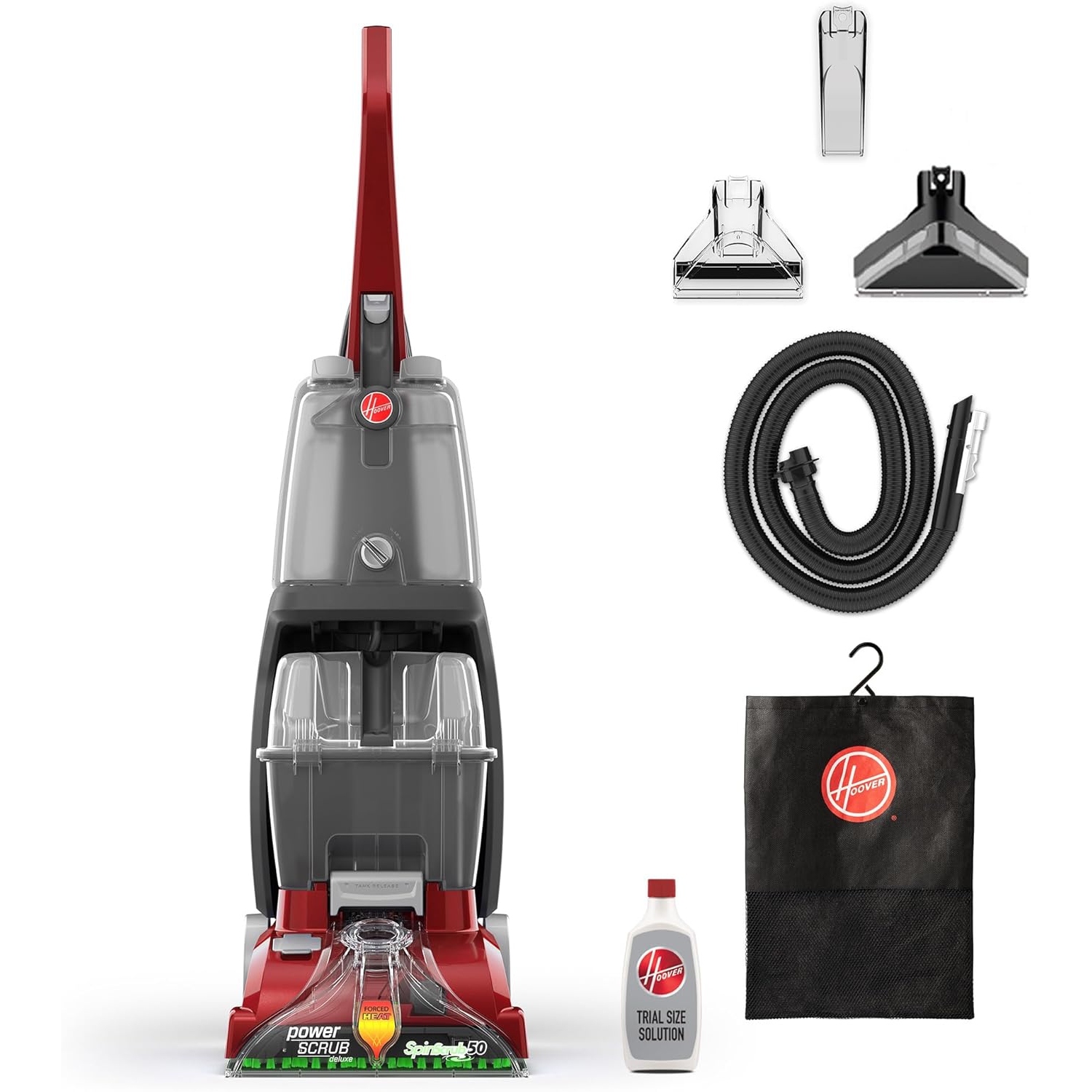 Power Scrub Deluxe Carpet Cleaner Machine, Upright Shampooer Model FH50150 in Red for Deep Cleaning Carpets and Removing Stains Effectively.