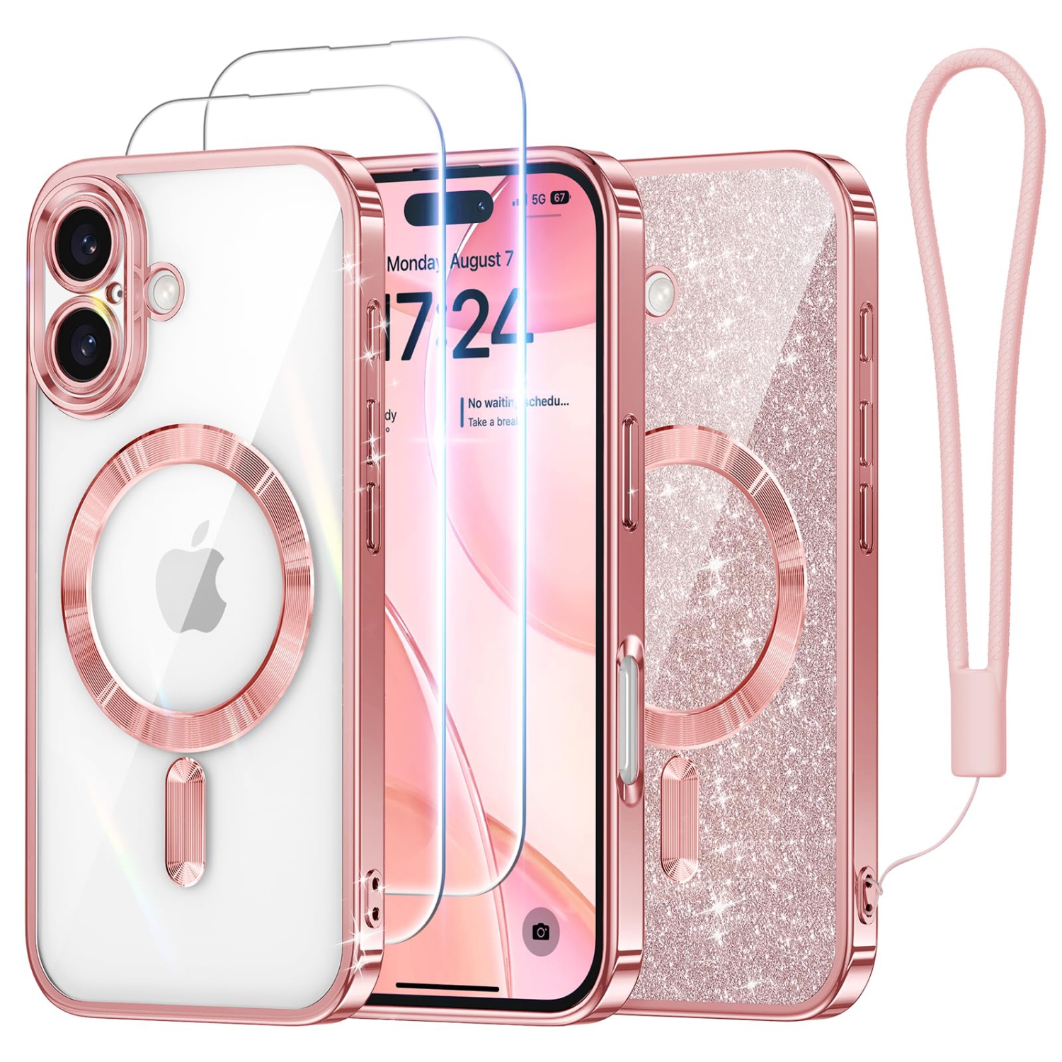 iPhone 16 Plus 6.7’’, 2X Screen Protectors Glitter Card & Wrist Strap MagSafe Compatible Full Camera Protection for iPhone 16 Plus Case, Rose Gold