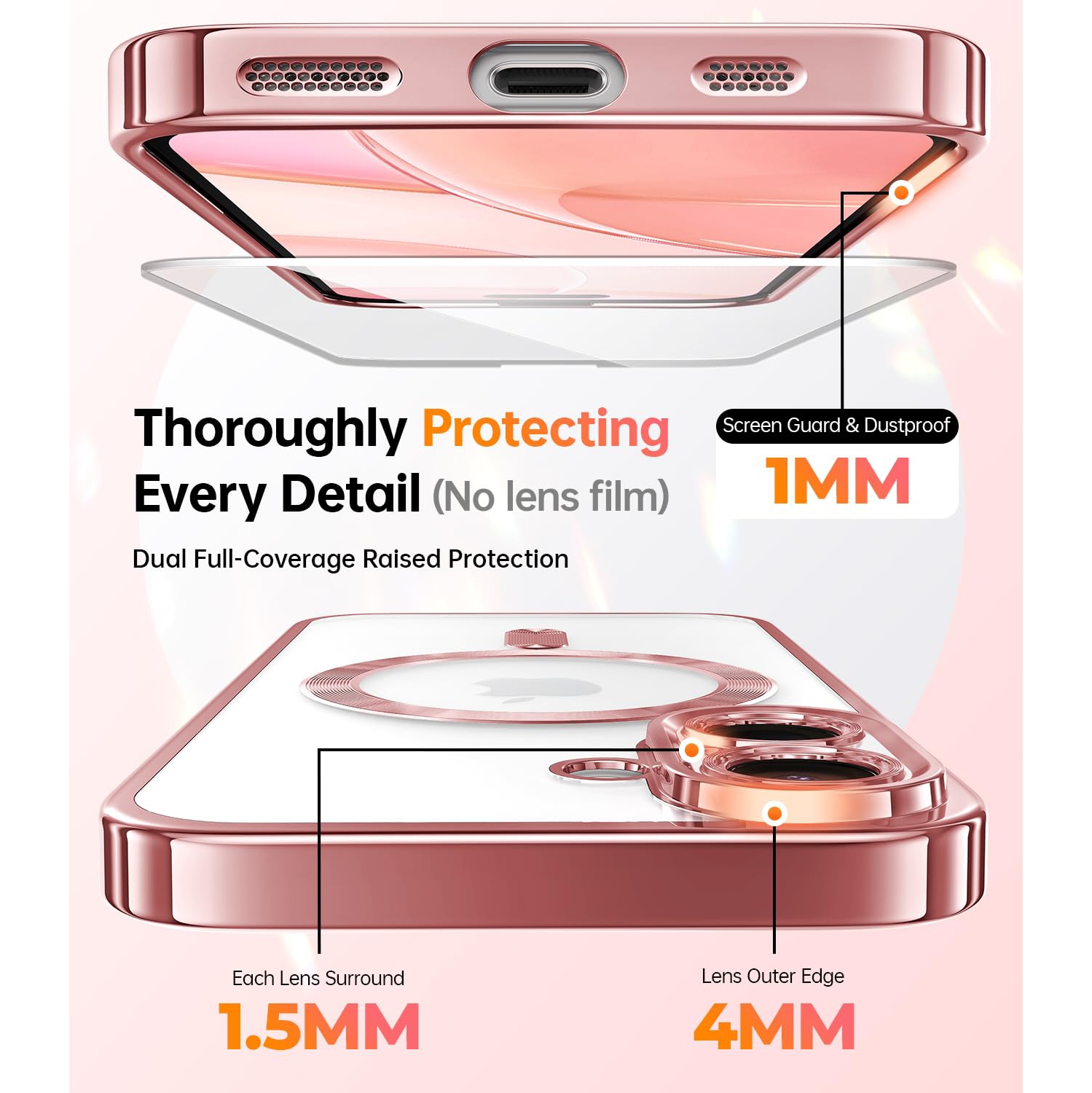 iPhone 16 Plus 6.7’’, 2X Screen Protectors Glitter Card & Wrist Strap MagSafe Compatible Full Camera Protection for iPhone 16 Plus Case, Rose Gold