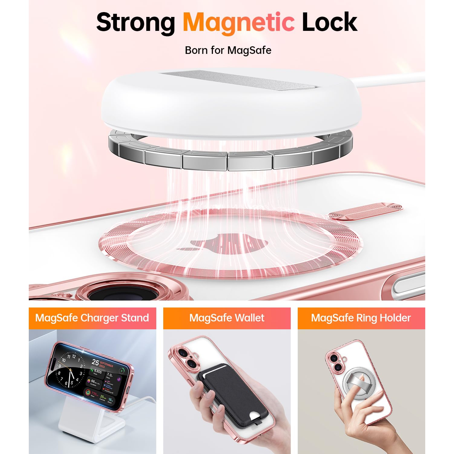 iPhone 16 Plus 6.7’’, 2X Screen Protectors Glitter Card & Wrist Strap MagSafe Compatible Full Camera Protection for iPhone 16 Plus Case, Rose Gold