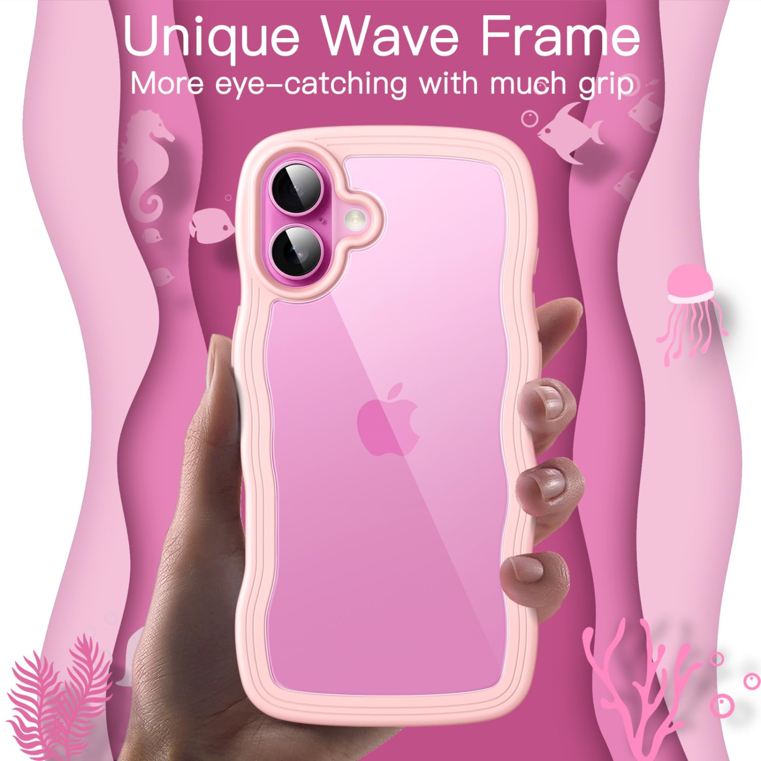 iPhone 16 Plus 6.7-Inch, Cute Wave Frame Curly Shape Shockproof Phone Cover for Women and Girls, Clear Hard PC Back