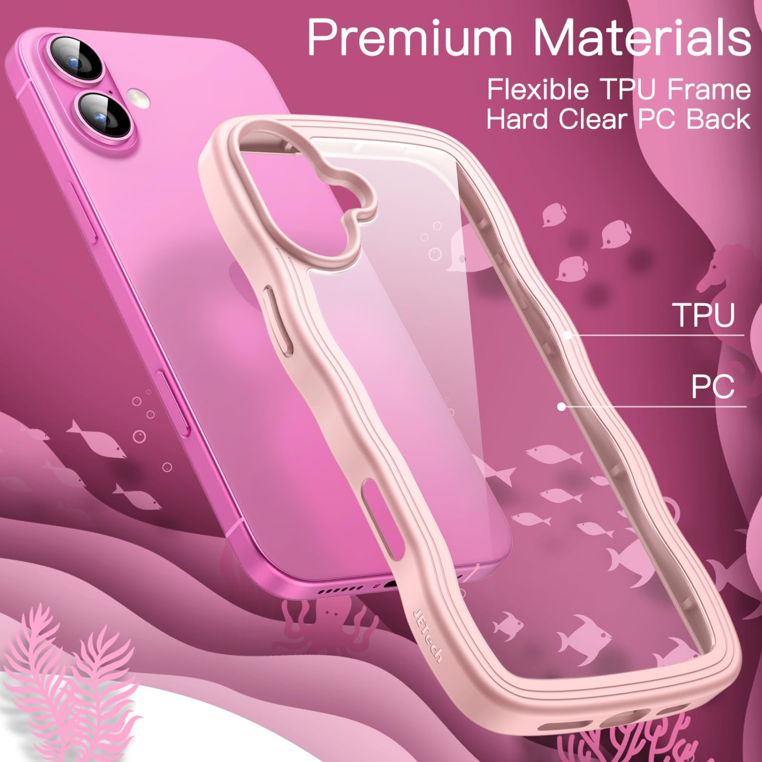 iPhone 16 Plus 6.7-Inch, Cute Wave Frame Curly Shape Shockproof Phone Cover for Women and Girls, Clear Hard PC Back