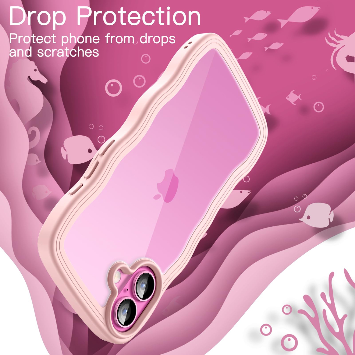 iPhone 16 Plus 6.7-Inch, Cute Wave Frame Curly Shape Shockproof Phone Cover for Women and Girls, Clear Hard PC Back