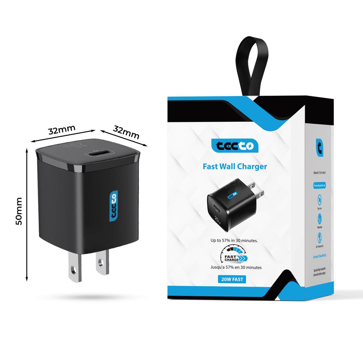 Tecto Fast Wall Charger 20W USB-C Port - Ultra Compact Size - PD Technology - Black