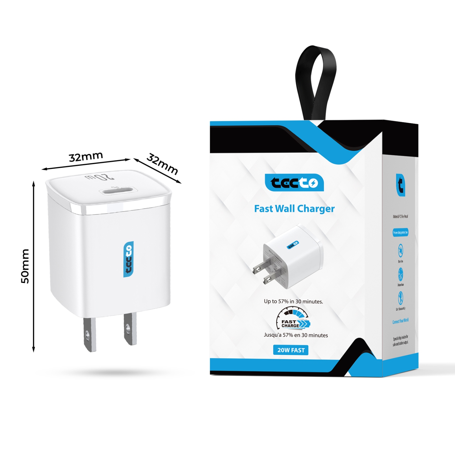 Tecto Fast Wall Charger 20W USB-C Port - Ultra Compact Size - PD Technology - White
