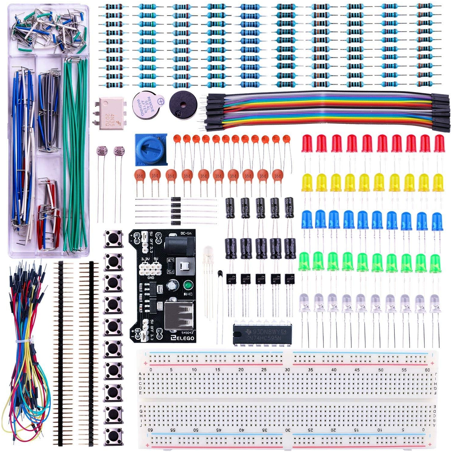 Upgraded Electronics Fun Kit featuring a power supply module, jumper wires, precision potentiometer, and an 830 tie-point breadboard, compatible with Arduino, and Raspberry Pi.