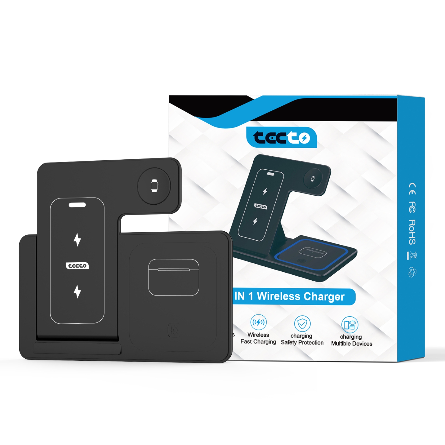 Station de chargement rapide sans fil 3-en-1 de Tecto - Téléphone, Apple Watch, AirPods - Pliable et compact - Alimentation 15 W