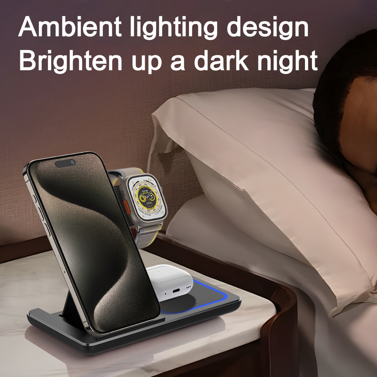 Station de chargement rapide sans fil 3-en-1 de Tecto - Téléphone, Apple Watch, AirPods - Pliable et compact - Alimentation 15 W