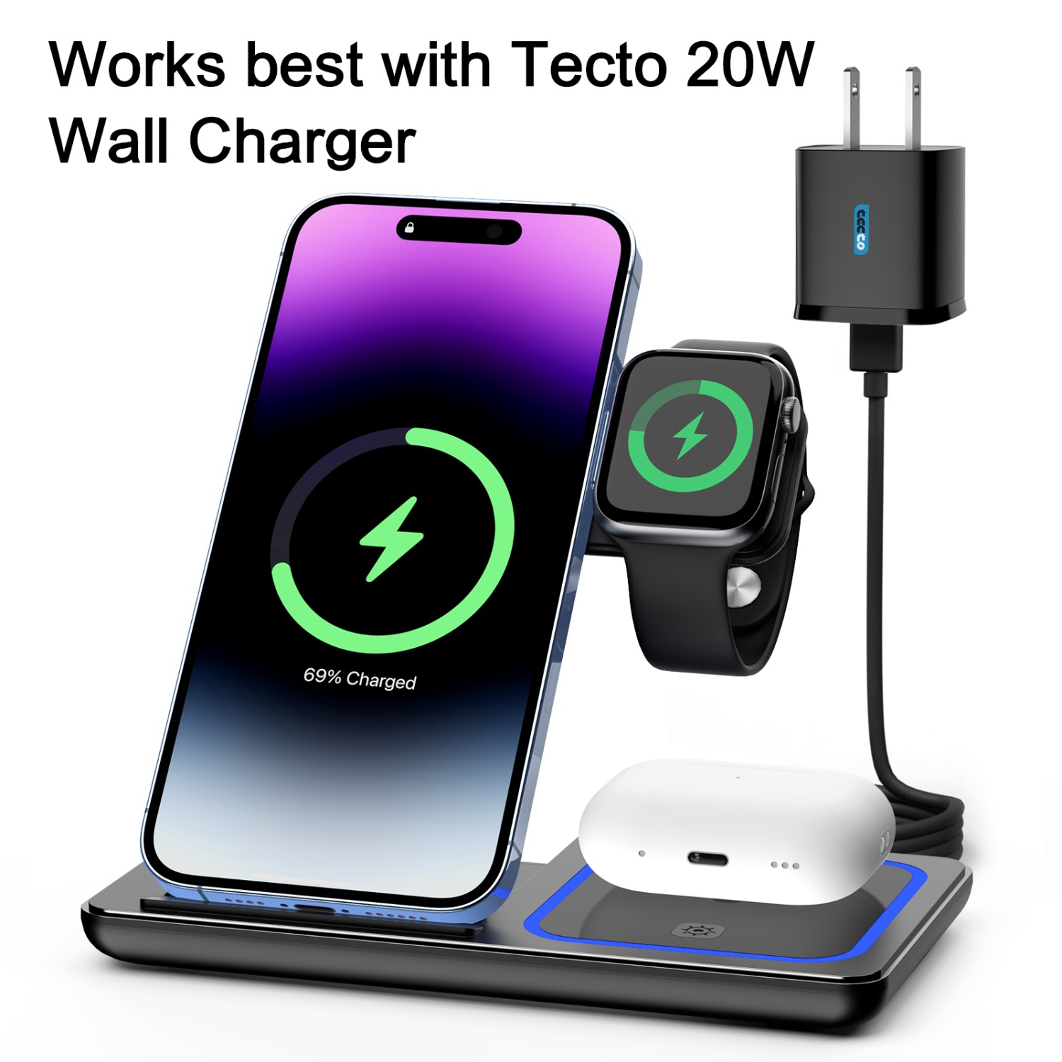 Station de chargement rapide sans fil 3-en-1 de Tecto - Téléphone, Apple Watch, AirPods - Pliable et compact - Alimentation 15 W