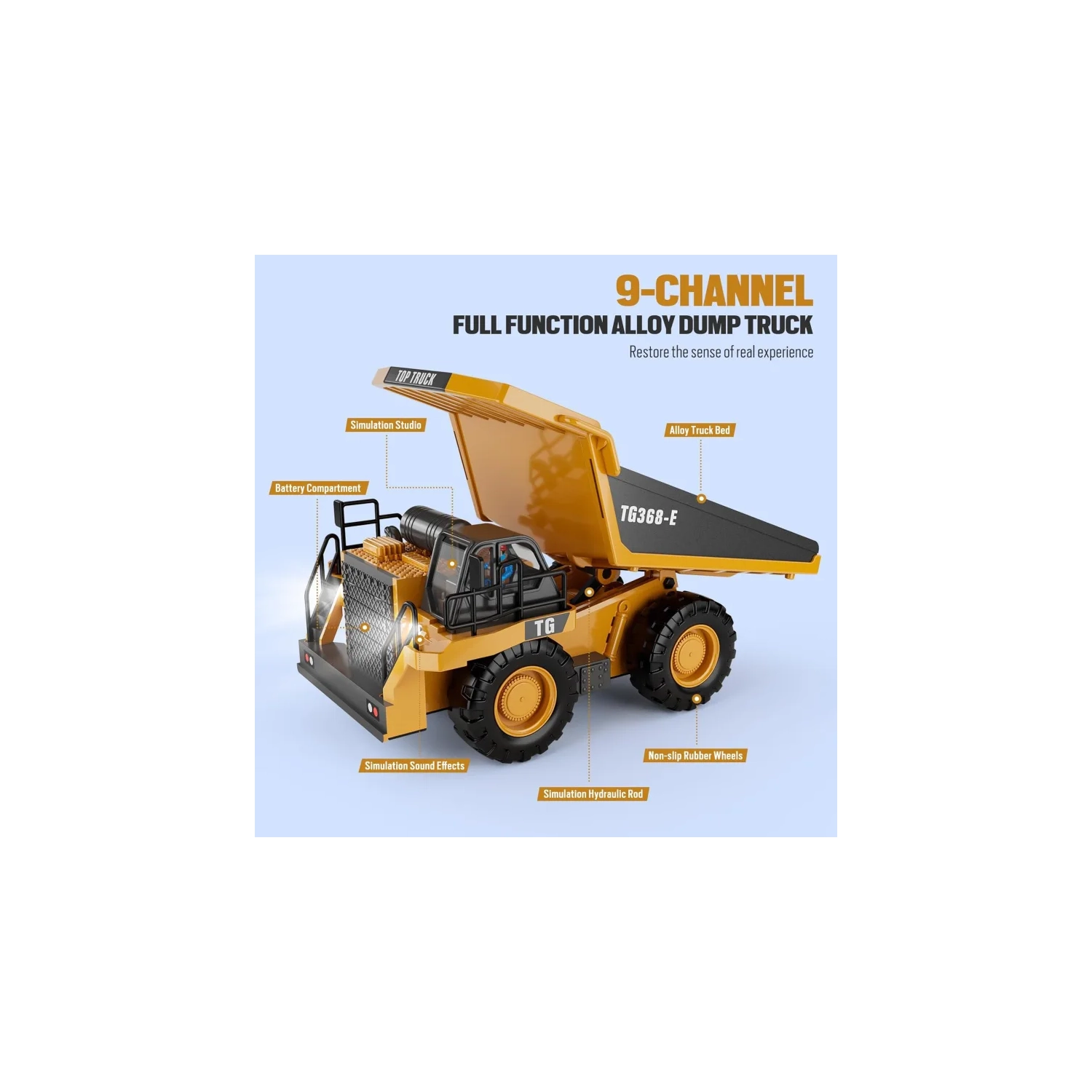 Camion à benne jouet téléguidé – Véhicule de construction téléguidé à 9 canaux avec lit en métal, lumières et sons