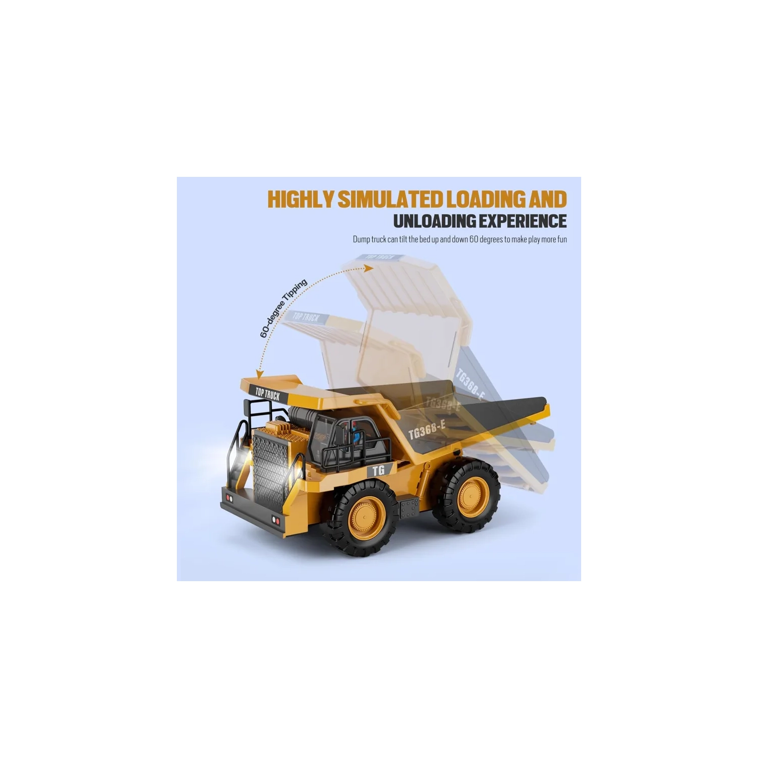 Camion à benne jouet téléguidé – Véhicule de construction téléguidé à 9 canaux avec lit en métal, lumières et sons