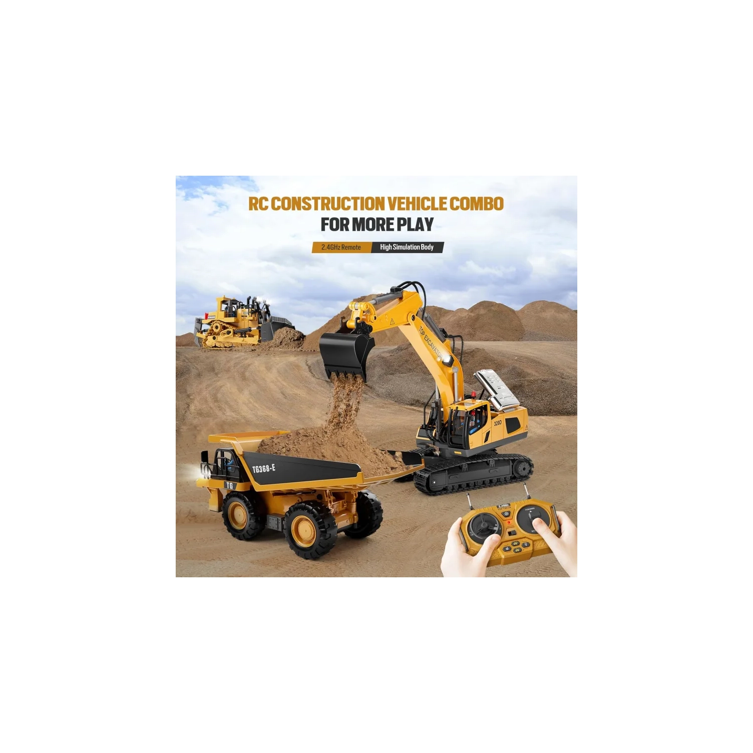 Camion à benne jouet téléguidé – Véhicule de construction téléguidé à 9 canaux avec lit en métal, lumières et sons