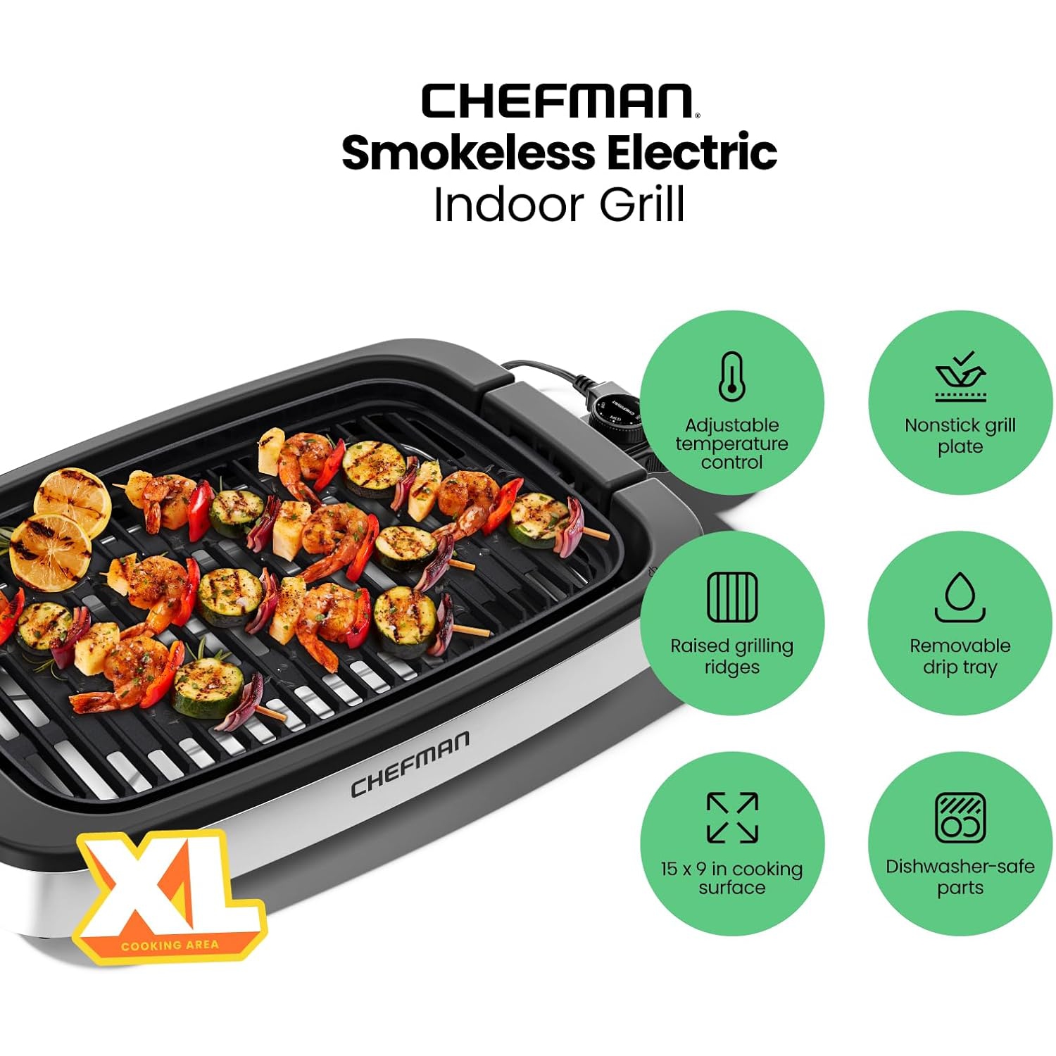 Gril électrique d'intérieur sans fumée Chefman, commande de température réglable, pièces lavables au lave-vaisselle - Noir