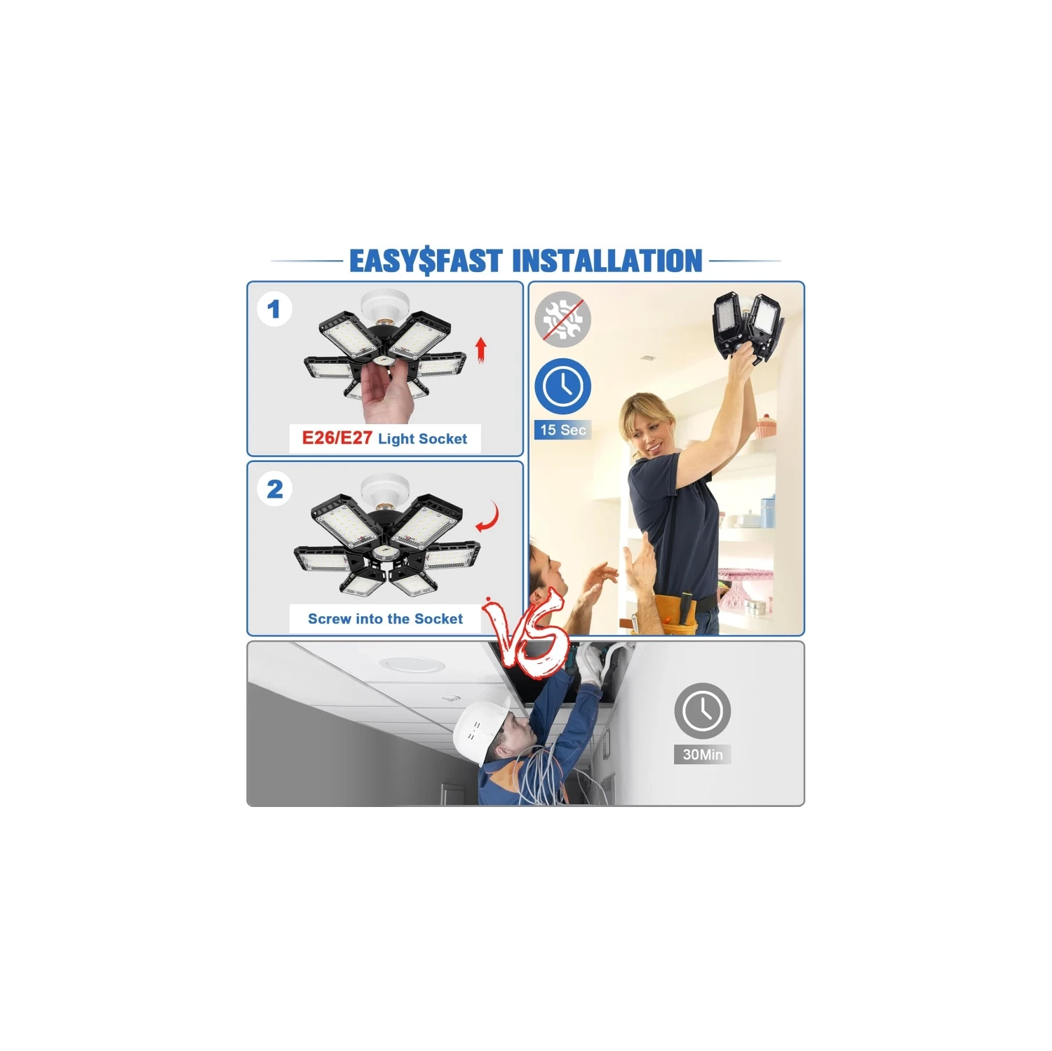 LED Garage Lights Bulb 2 Pack - 180W, 18000LM, 6500K with 6+1 Deformable Panels for Garage & Basement