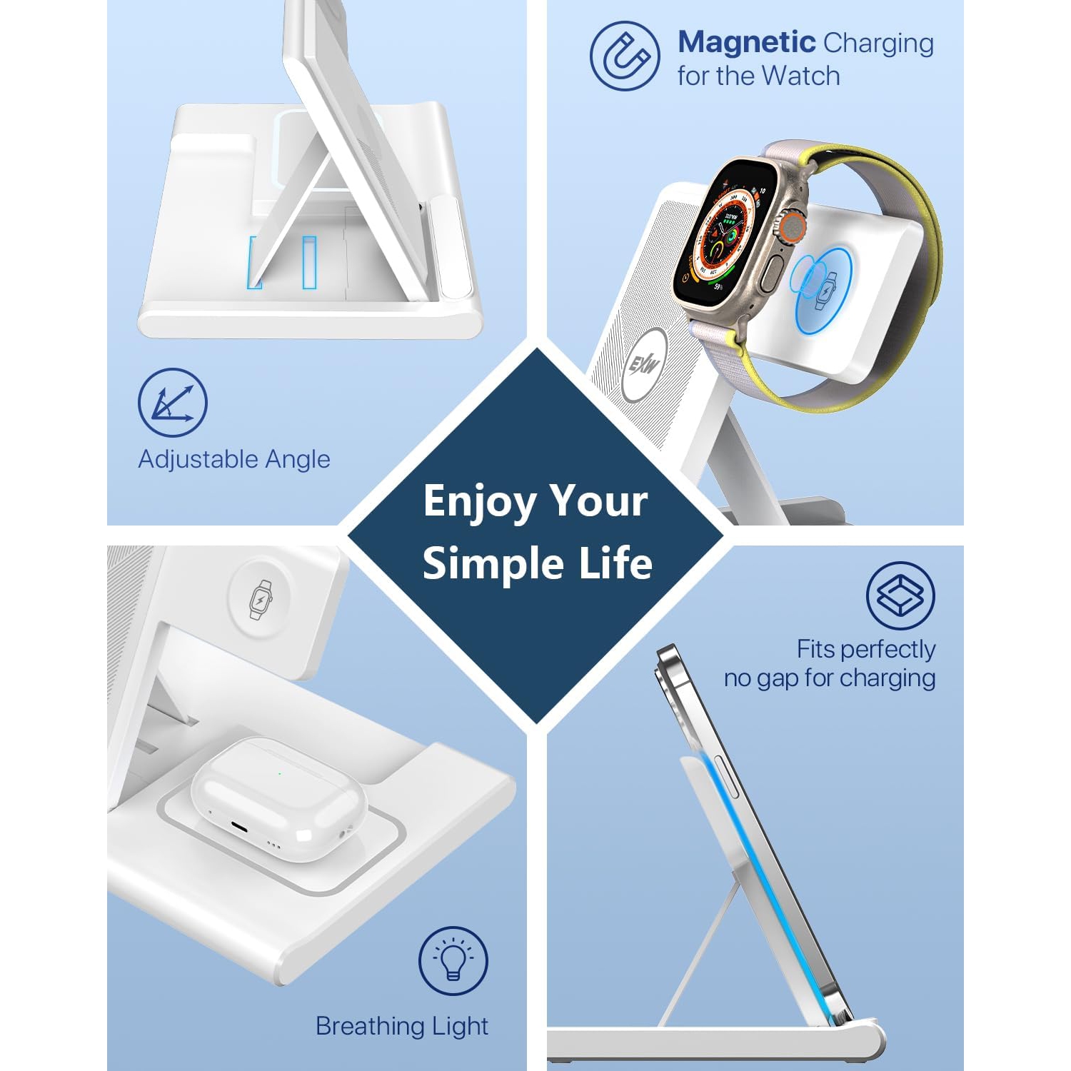 Fast Wireless Charger Stand 3 in 1,Charging Station for Apple Devices,iPhone 16 15 14 13 12 11 Pro & Max Series, AirPods Pro4, Apple Watch, White