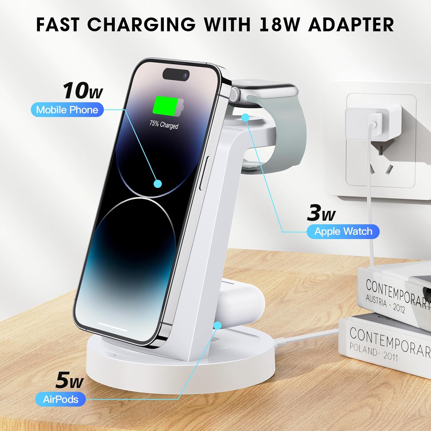 3 in 1 Charging Station for iPhone, Wireless Charger for iPhone 16 15 14 13 12 11 X Pro Max, Apple Watch, AirPods, White