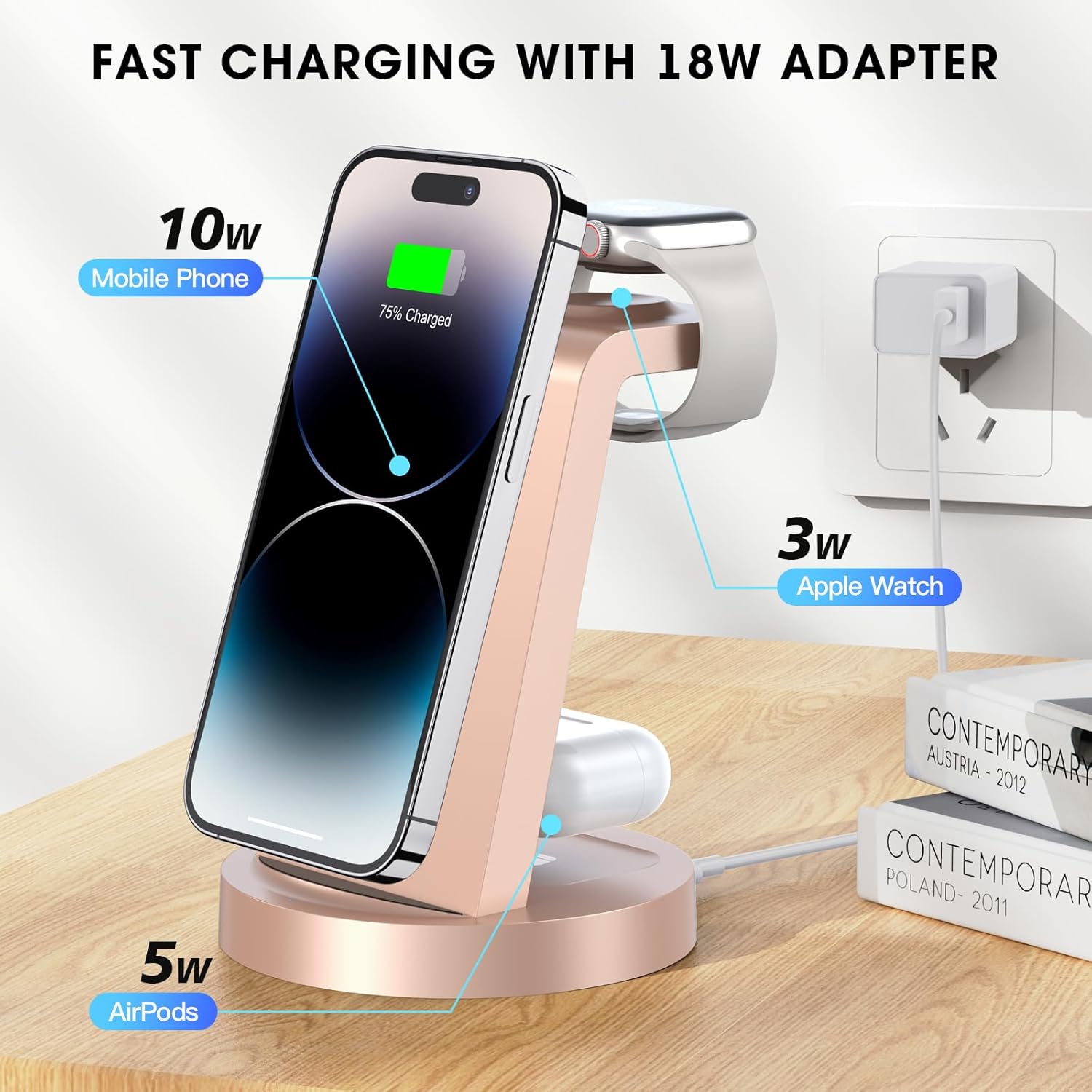 Station de recharge 3 en 1 pour iPhone, chargeur sans fil pour iPhone 16 15 14 13 12 11 X Pro Max, Apple Watch, AirPods, Rose