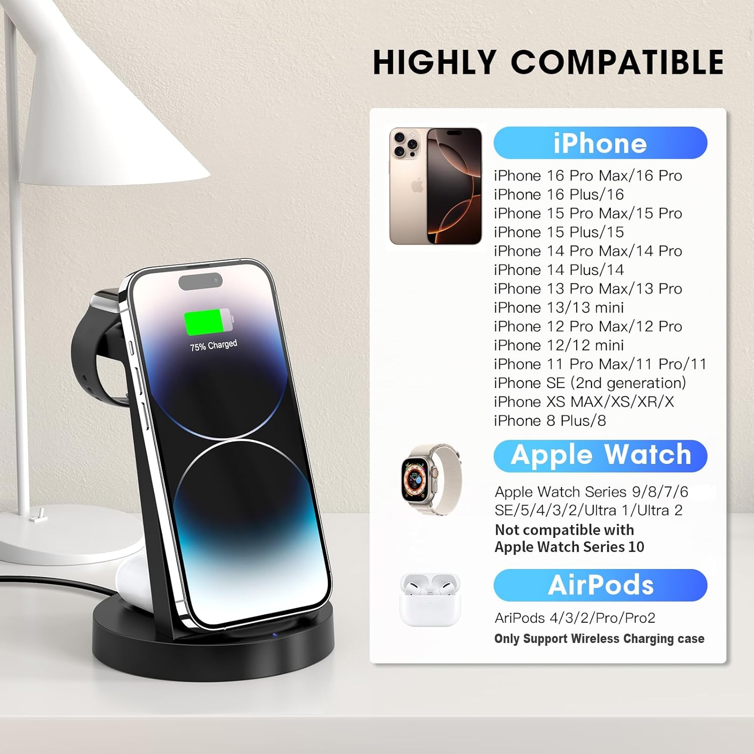 3 in 1 Charging Station for iPhone, Wireless Charger for iPhone 16 15 14 13 12 11 X Pro Max, Apple Watch, AirPods, Black