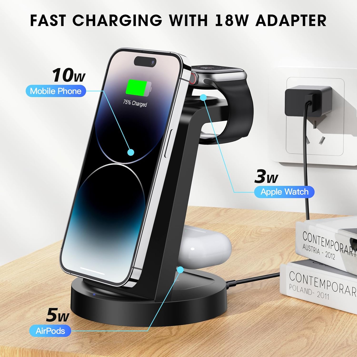 3 in 1 Charging Station for iPhone, Wireless Charger for iPhone 16 15 14 13 12 11 X Pro Max, Apple Watch, AirPods, Black