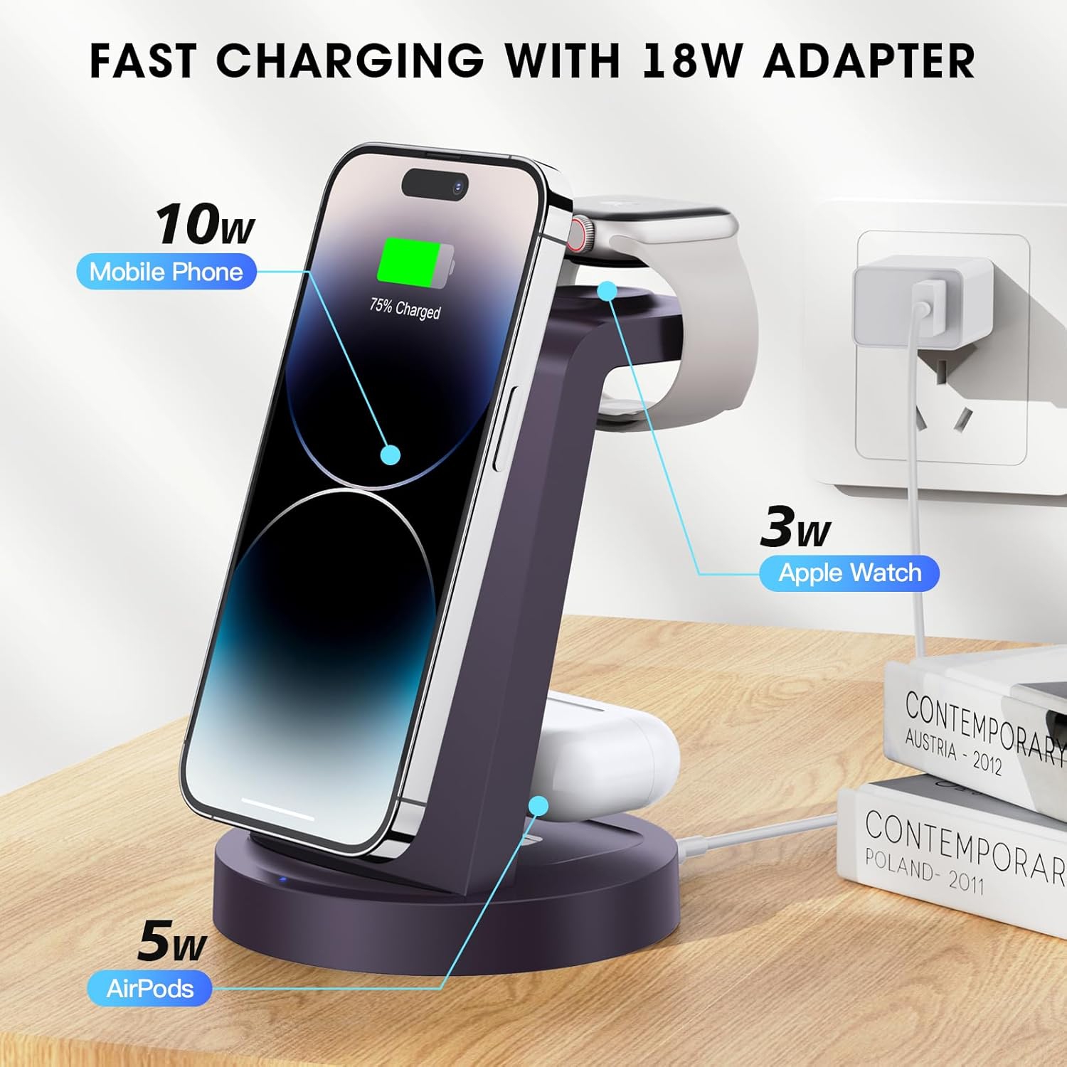 Station de recharge 3 en 1 pour iPhone, chargeur sans fil pour iPhone 16 15 14 13 12 11 X Pro Max, Apple Watch, AirPods, violet