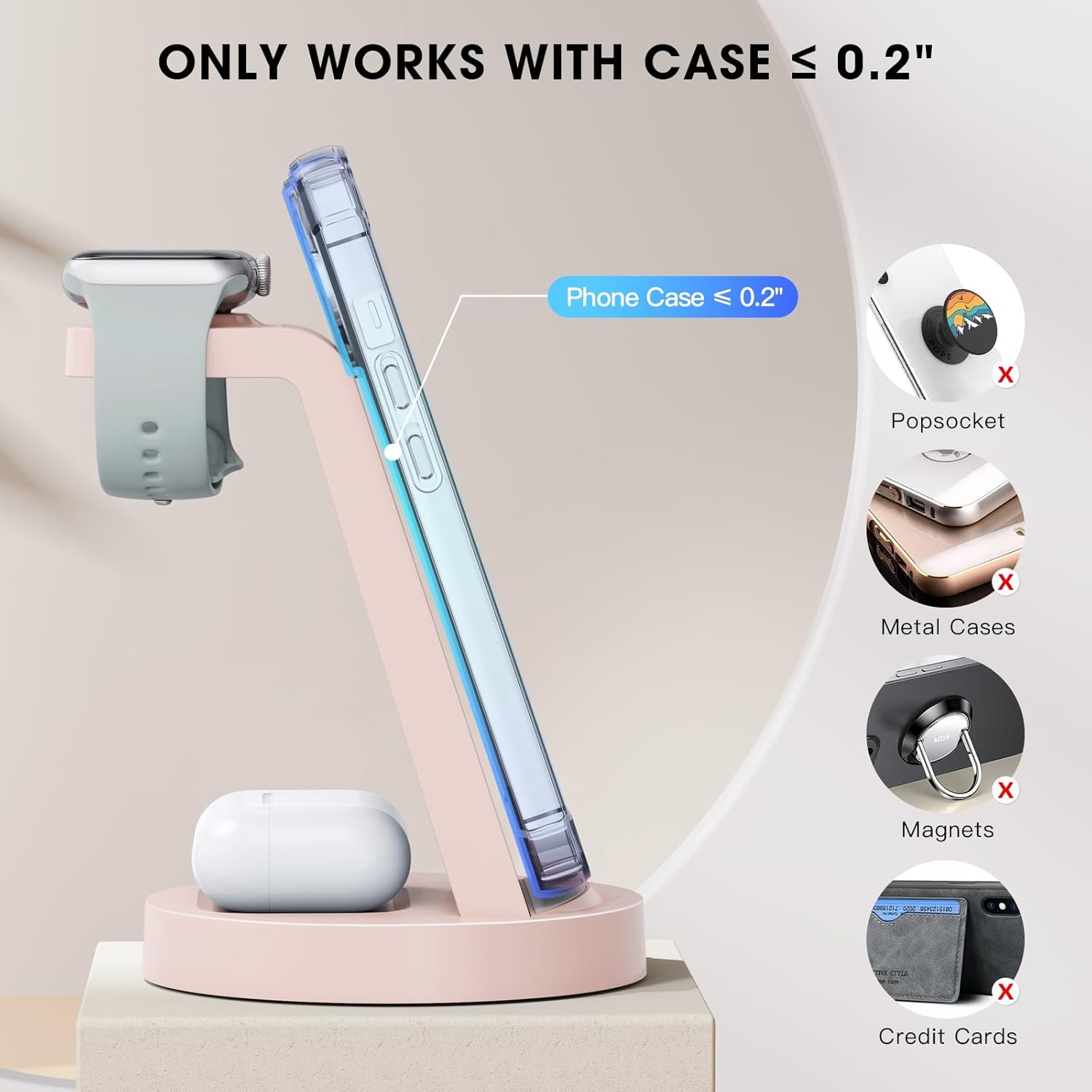 3 in 1 Charging Station for iPhone, Wireless Charger for iPhone 16 15 14 13 12 11 X Pro Max, Apple Watch, AirPods, Pink