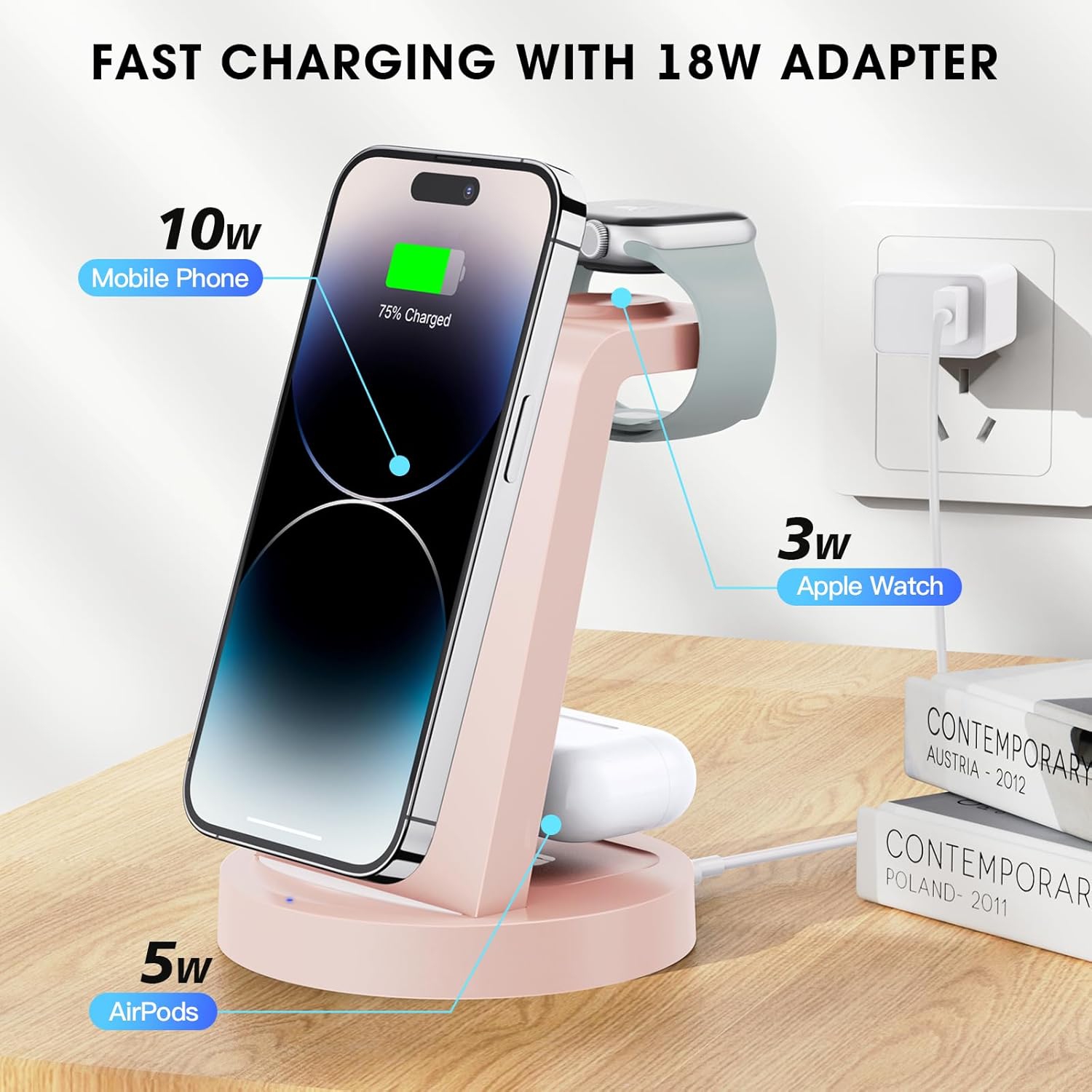 3 in 1 Charging Station for iPhone, Wireless Charger for iPhone 16 15 14 13 12 11 X Pro Max, Apple Watch, AirPods, Pink