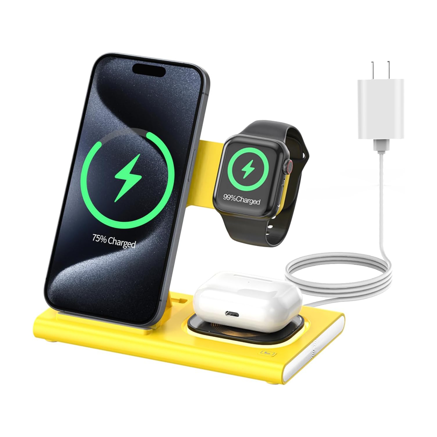 3 in 1 Foldable Charging Station for Apple Wireless Charger for iPhone 16 15 14 13 12 11 Series, Wireless Charging Station with Night Light for Apple Watch AirPods, Yellow