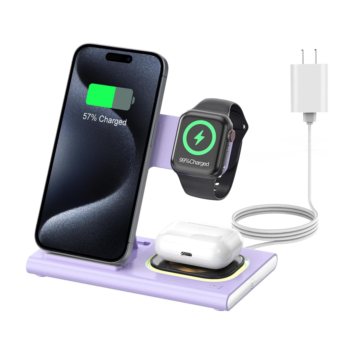 3 in 1 Foldable Charging Station for Apple Wireless Charger for iPhone 16 15 14 13 12 11 Series, Wireless Charging Station with Night Light for Apple Watch AirPods, Purple