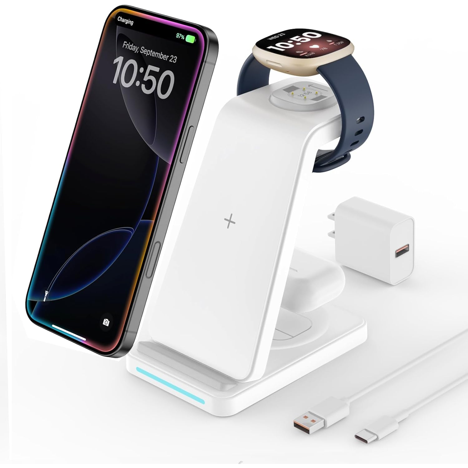 3 in 1 Wireless Charger for Watch, Charging Station for Versa 4/Versa 3/Sense 2/Sense, Phone Charge Dock for iPhone & Google Pixel, Galaxy, Airpods, Snow White