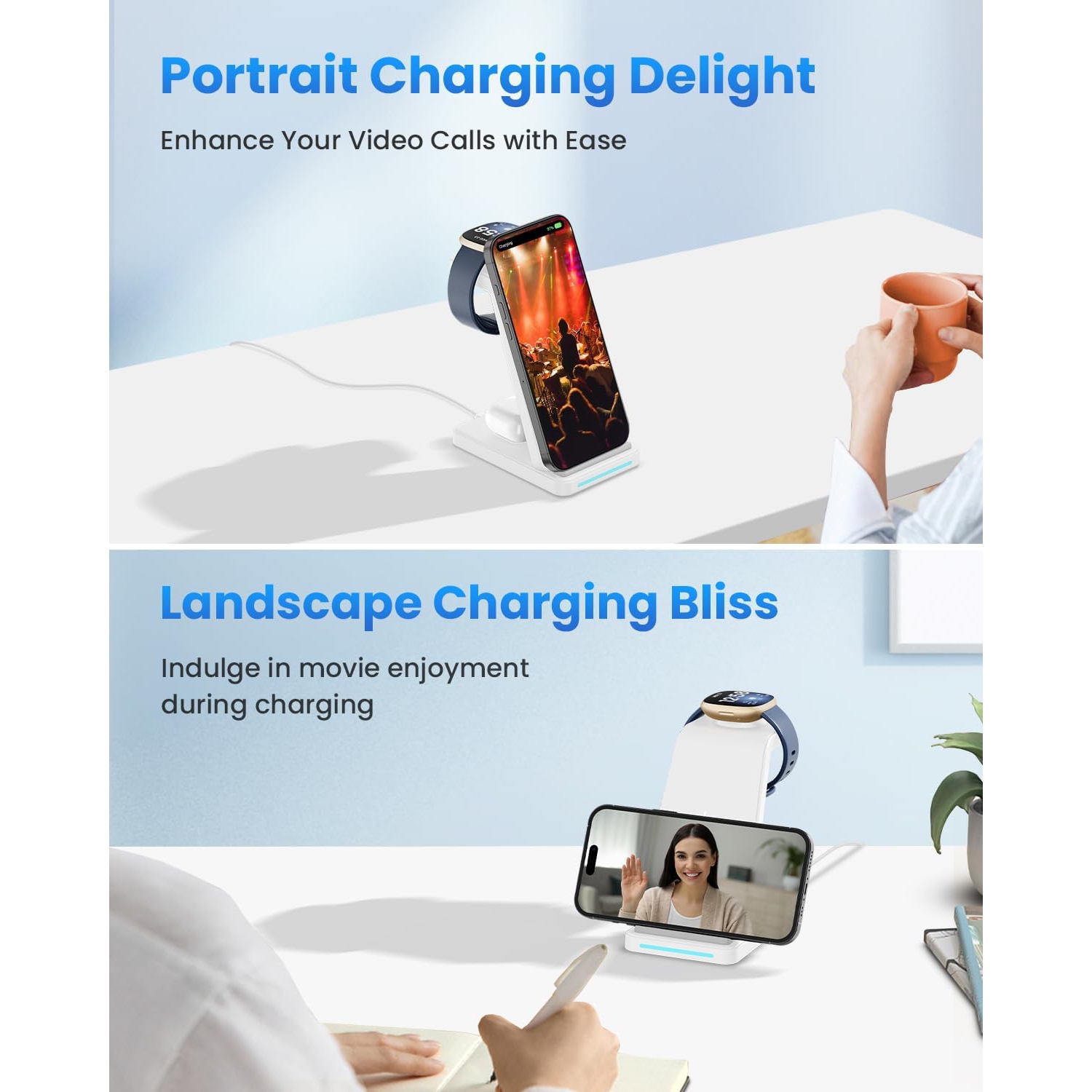 3 in 1 Wireless Charger for Watch, Charging Station for Versa 4/Versa 3/Sense 2/Sense, Phone Charge Dock for iPhone & Google Pixel, Galaxy, Airpods,