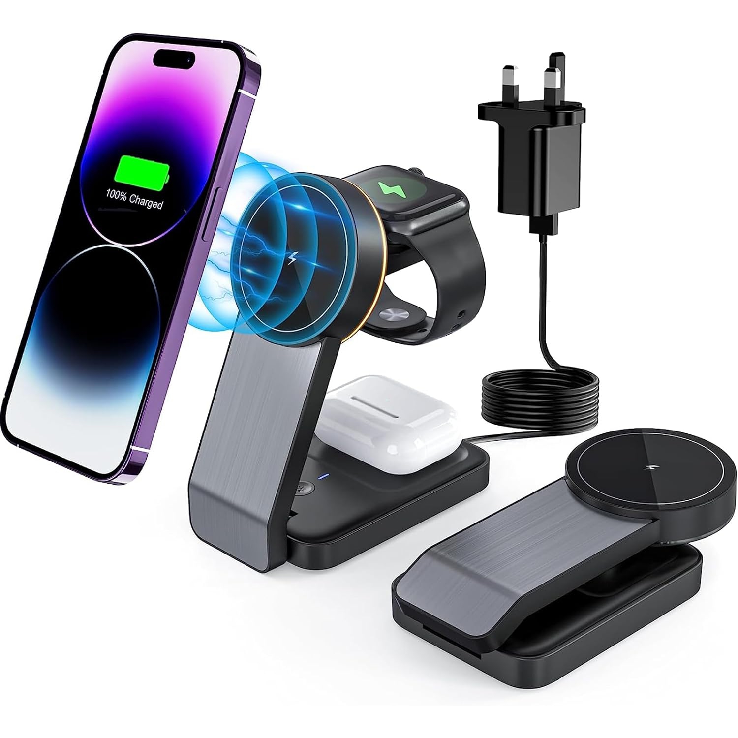 3 in 1 Charging Station for Apple Devices 18W Foldable Charger Stand Magnetic Wireless Charger for iPhone 15 14 13 12 Pro/Pro Max/Plus/Mini,AirPods