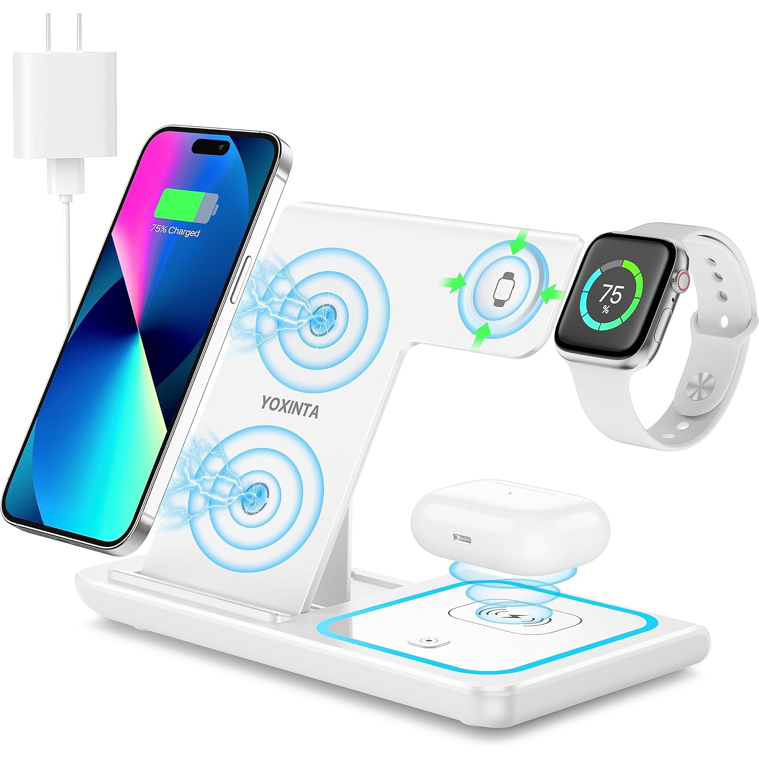 Fast Wireless Charging Station, 3 in 1 Wireless Charger Stand for iPhone 15/14/13/12/11/Pro/X/Max/XS/XR/8/Plus, Apple Watch, Airpods, White