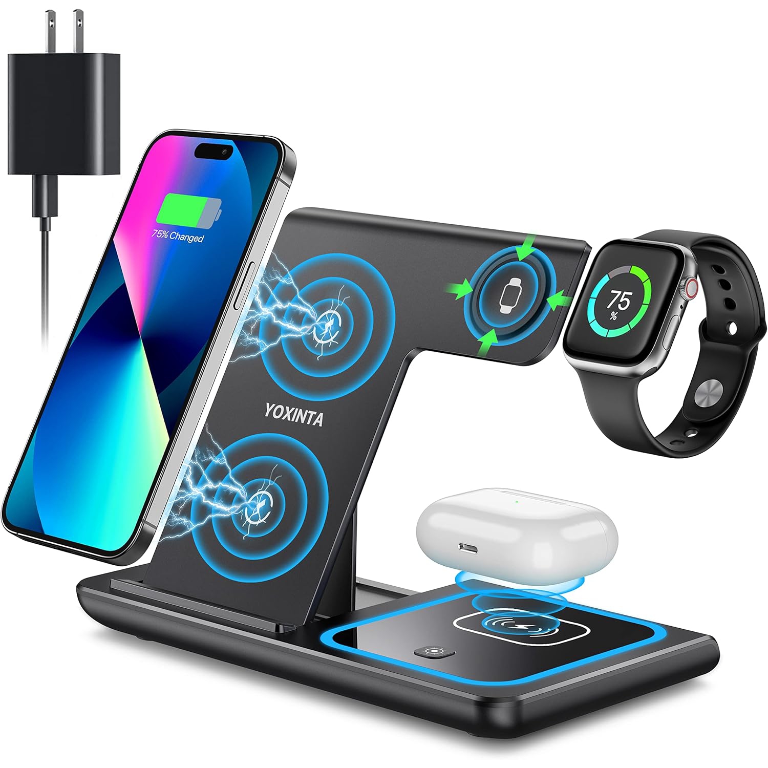 Fast Wireless Charging Station, 3 in 1 Wireless Charger Stand for iPhone 15/14/13/12/11/Pro/X/Max/XS/XR/8/Plus, Apple Watch, Airpods, Black