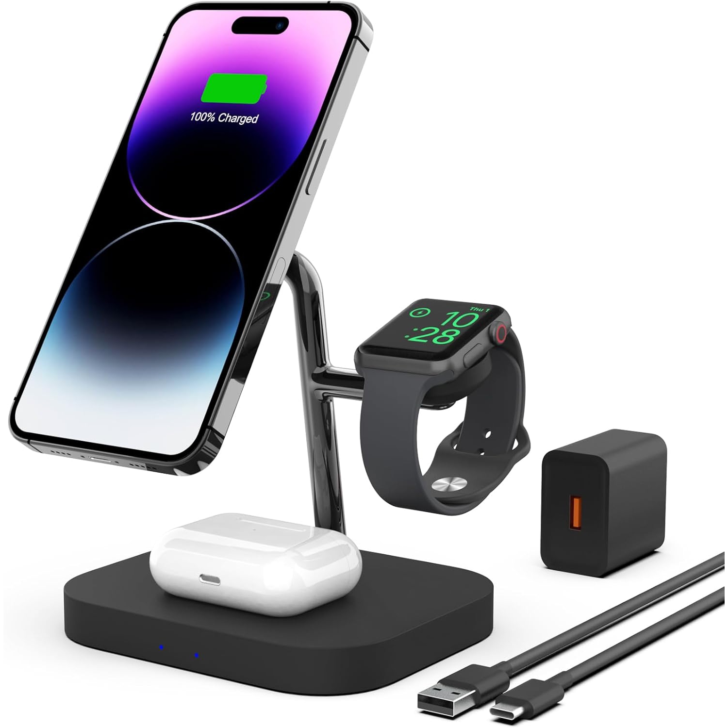 Wireless Charger, Magnetic 3 in 1 Wireless Charging Station for Watch 9/8/7/6/SE/5/4/3 ，pods 2，Phone 15/14/13/12 Series