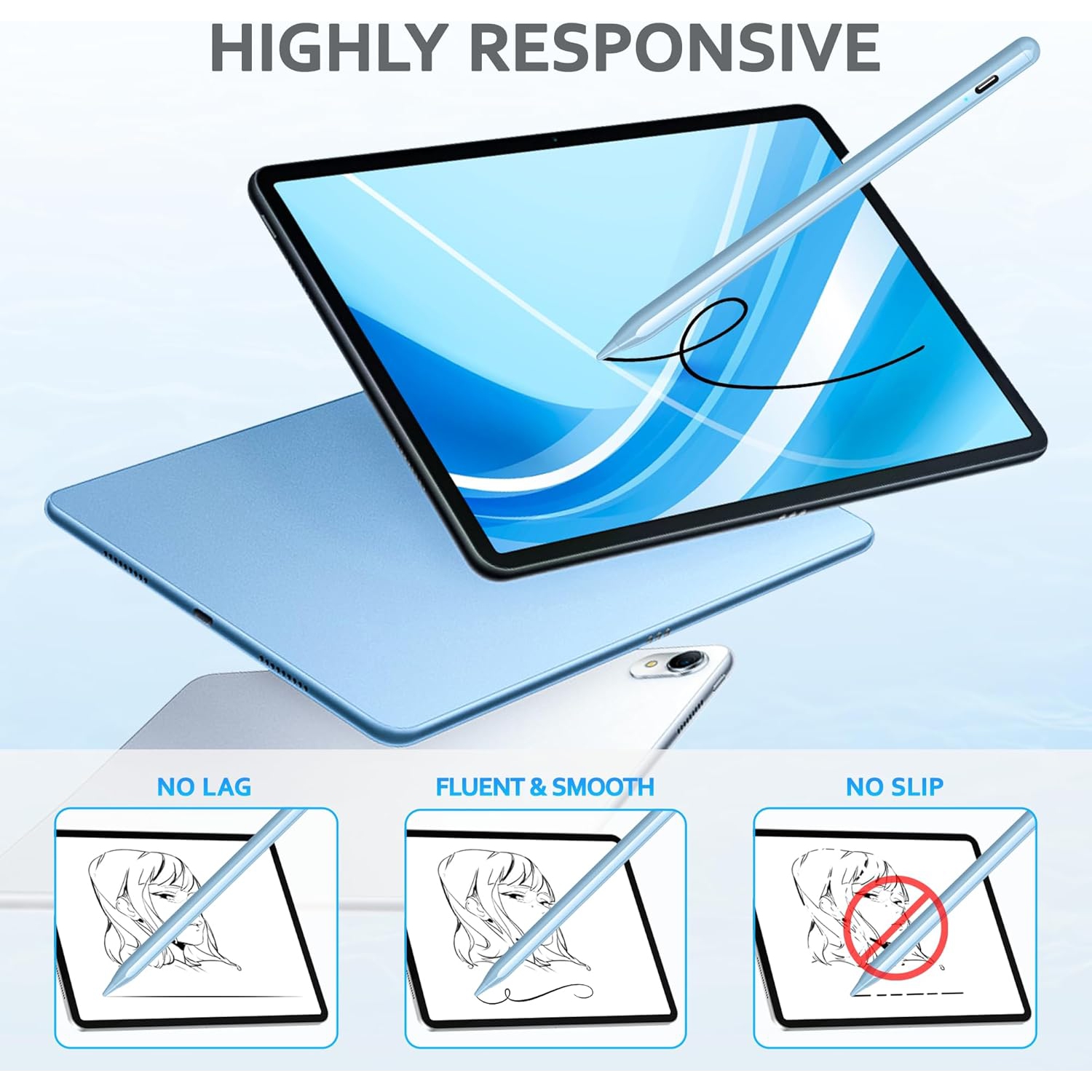 Stylus Pen for Touch Screens, Compatible for Android and iOS Tablet/Phones, Rechargeable Stylus Pencil for Apple/Android/Tablet,Blue