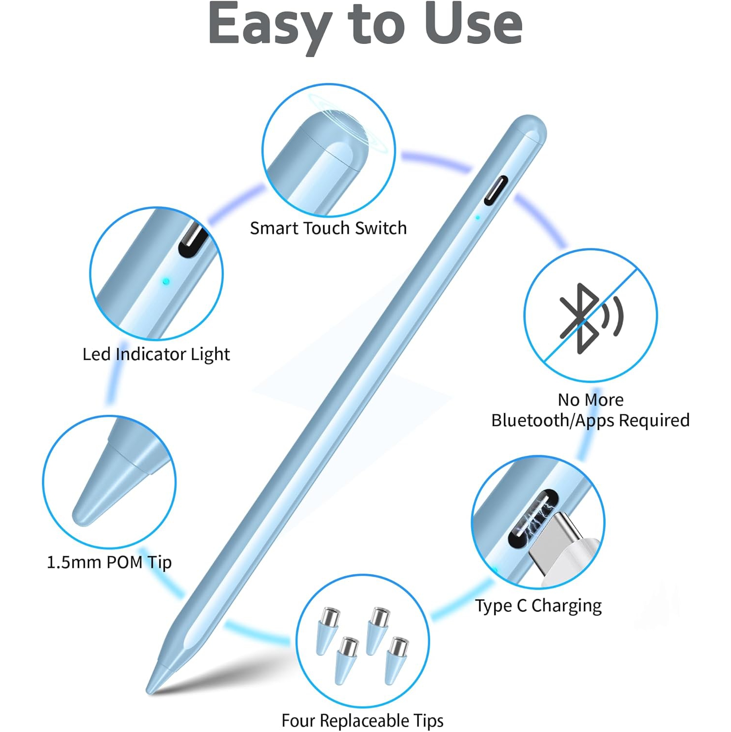Stylus Pen for Touch Screens, Compatible for Android and iOS Tablet/Phones, Rechargeable Stylus Pencil for Apple/Android/Tablet,Blue