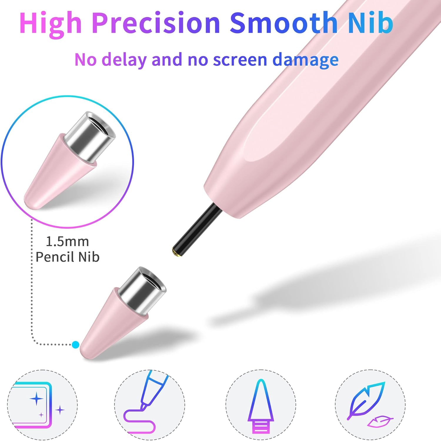 Stylus Pen for Touch Screens, Compatible for Android and iOS Tablet/Phones, Rechargeable Stylus Pencil for Apple/Android/Tablet,Pink
