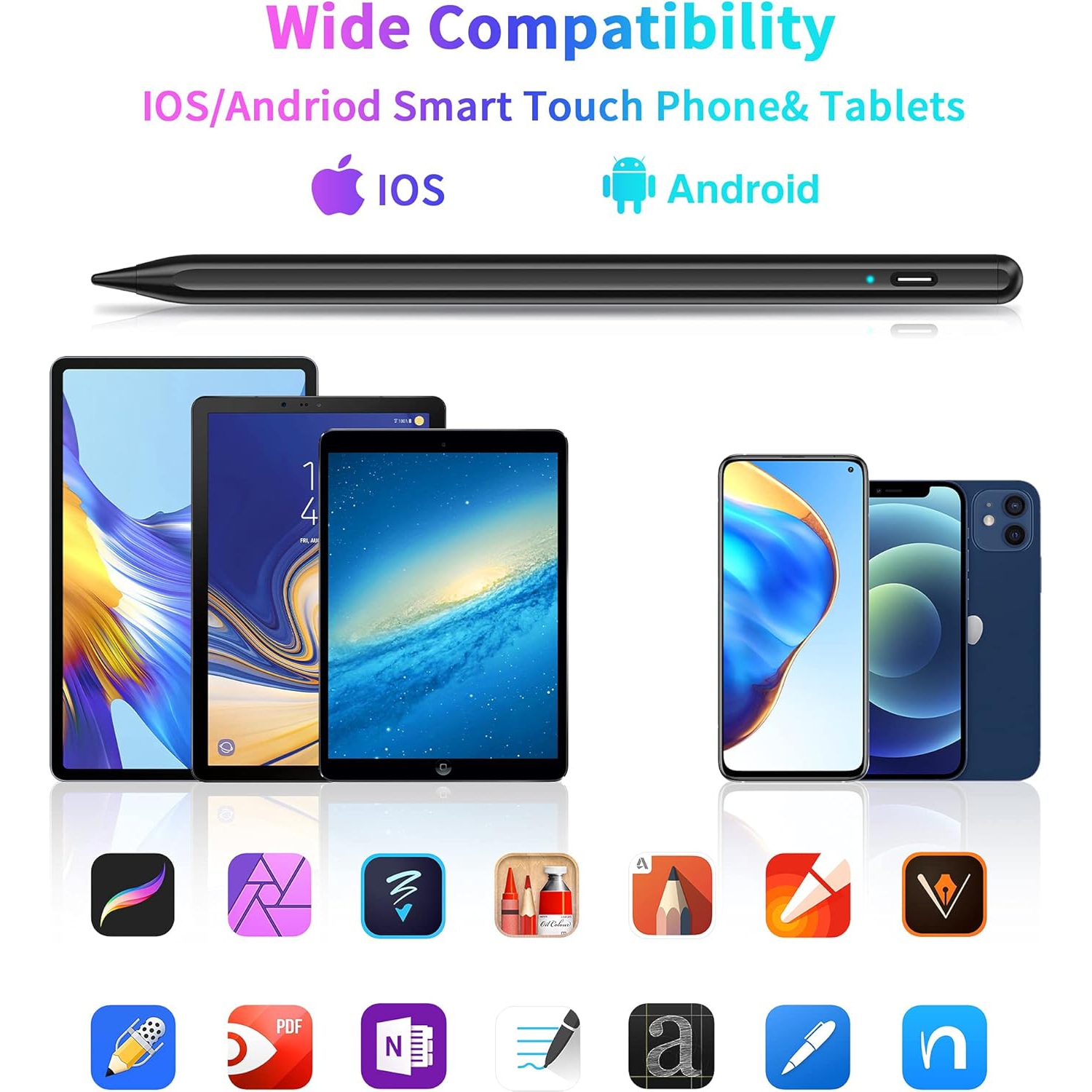 Stylus Pen for Touch Screens, Compatible for Android and iOS Tablet/Phones, Rechargeable Stylus Pencil for Apple/Android/Tablet,Black