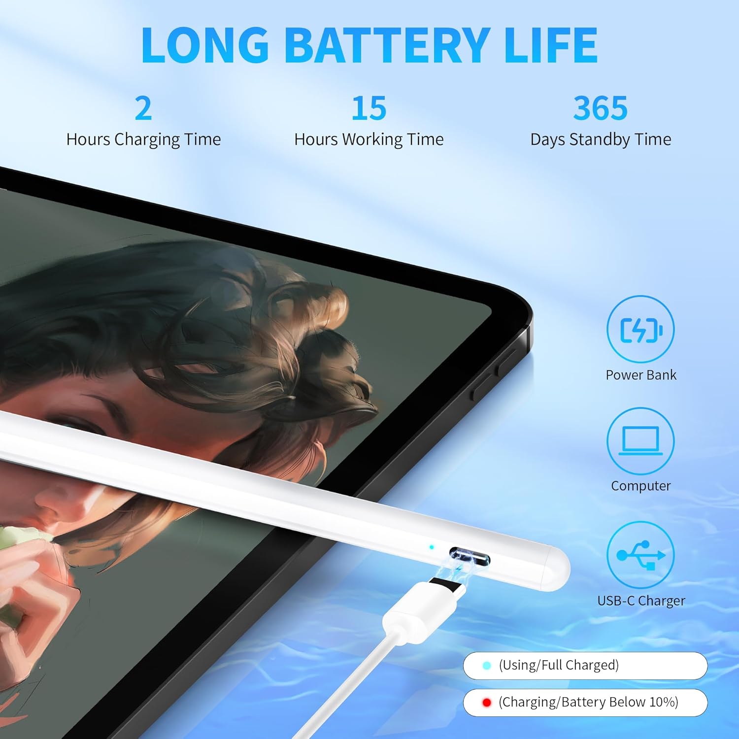 Stylus Pen for Touch Screens, Compatible for Android and iOS Tablet/Phones, Rechargeable Stylus Pencil for Apple/Android/Tablet,White