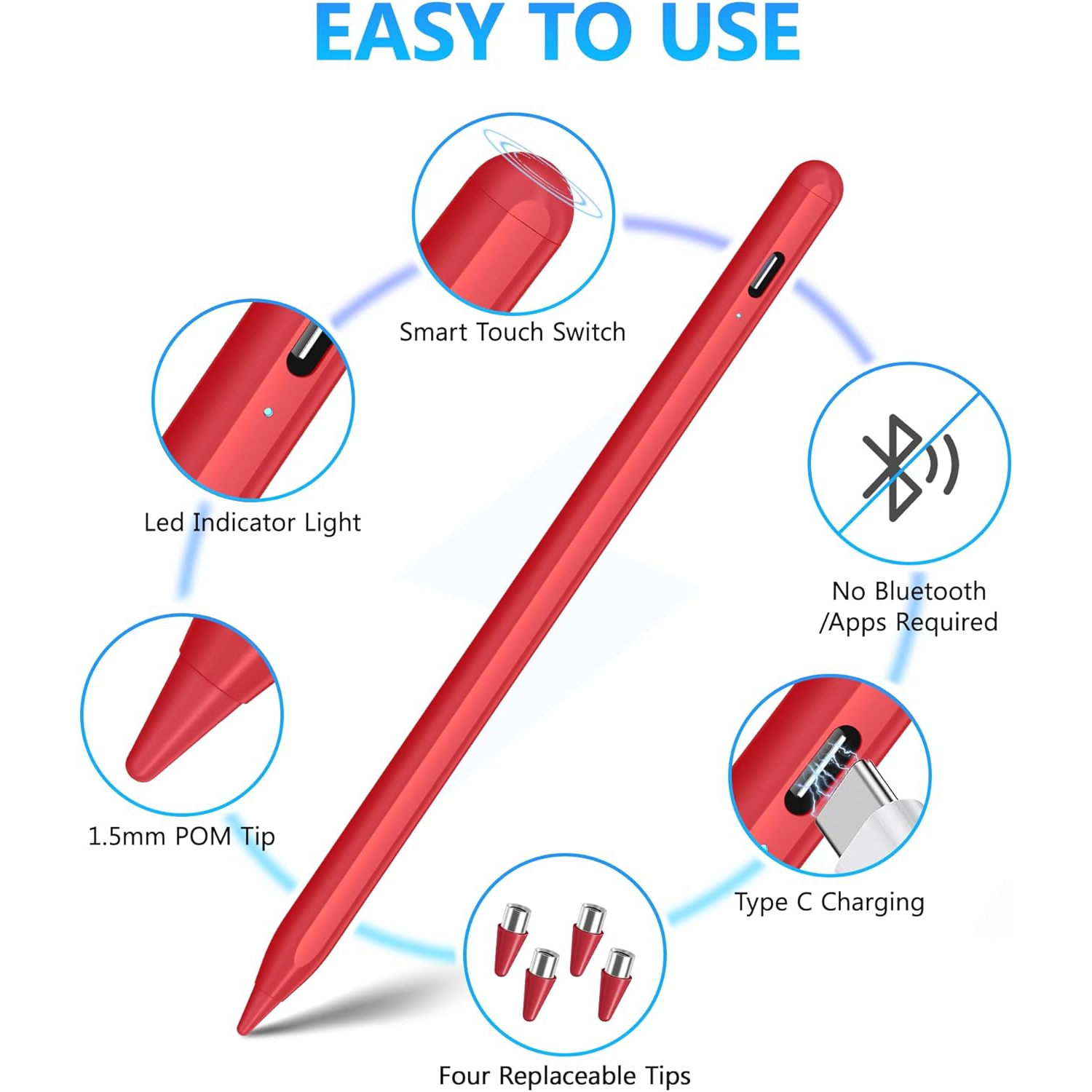 Stylet pour écrans tactiles, compatible avec les tablettes/téléphones Android et iOS, stylet rechargeable pour Apple/Android/tablette,Rouge