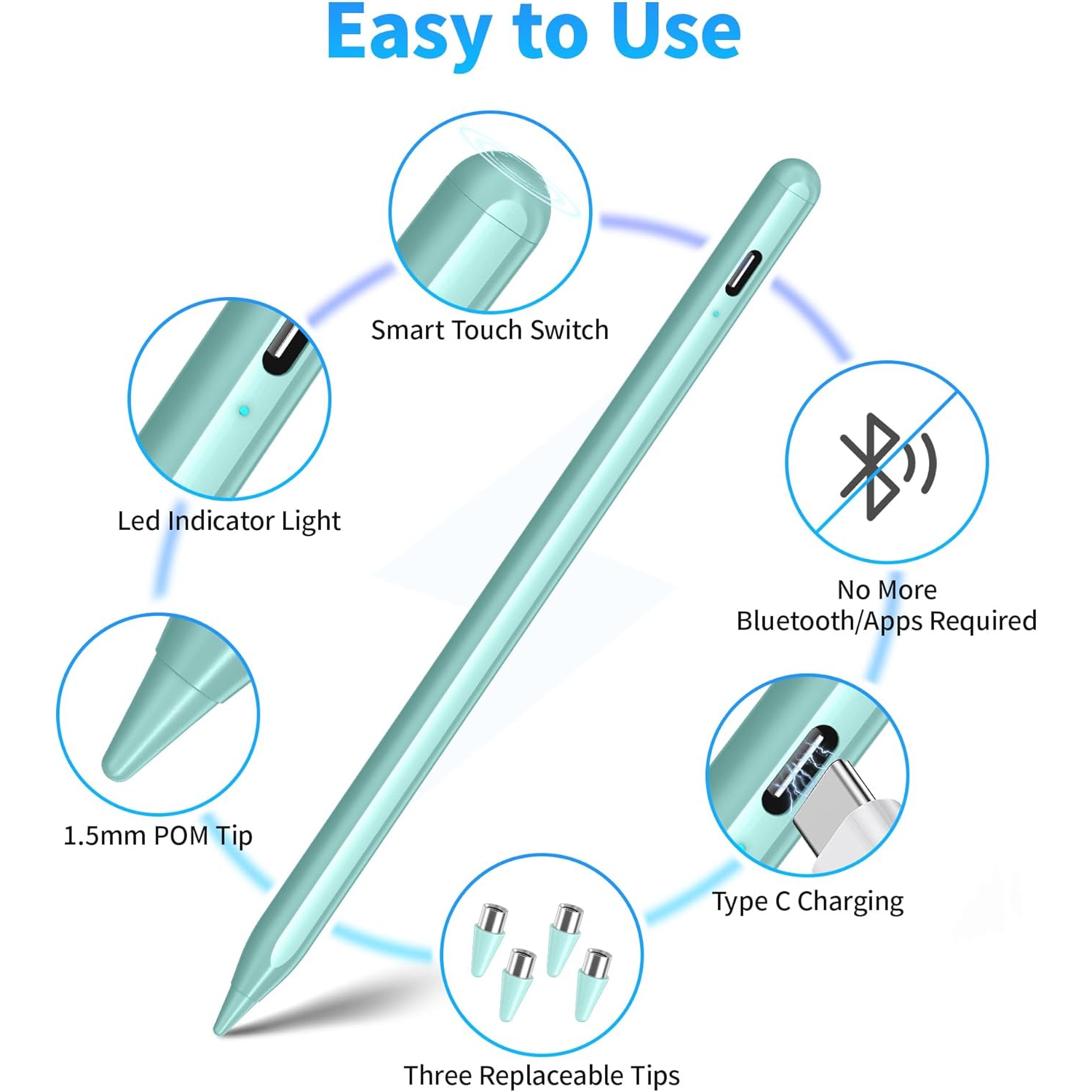 Stylet pour écrans tactiles, compatible avec les tablettes/téléphones Android et iOS, stylet rechargeable pour Apple/Android/tablette, vert menthe